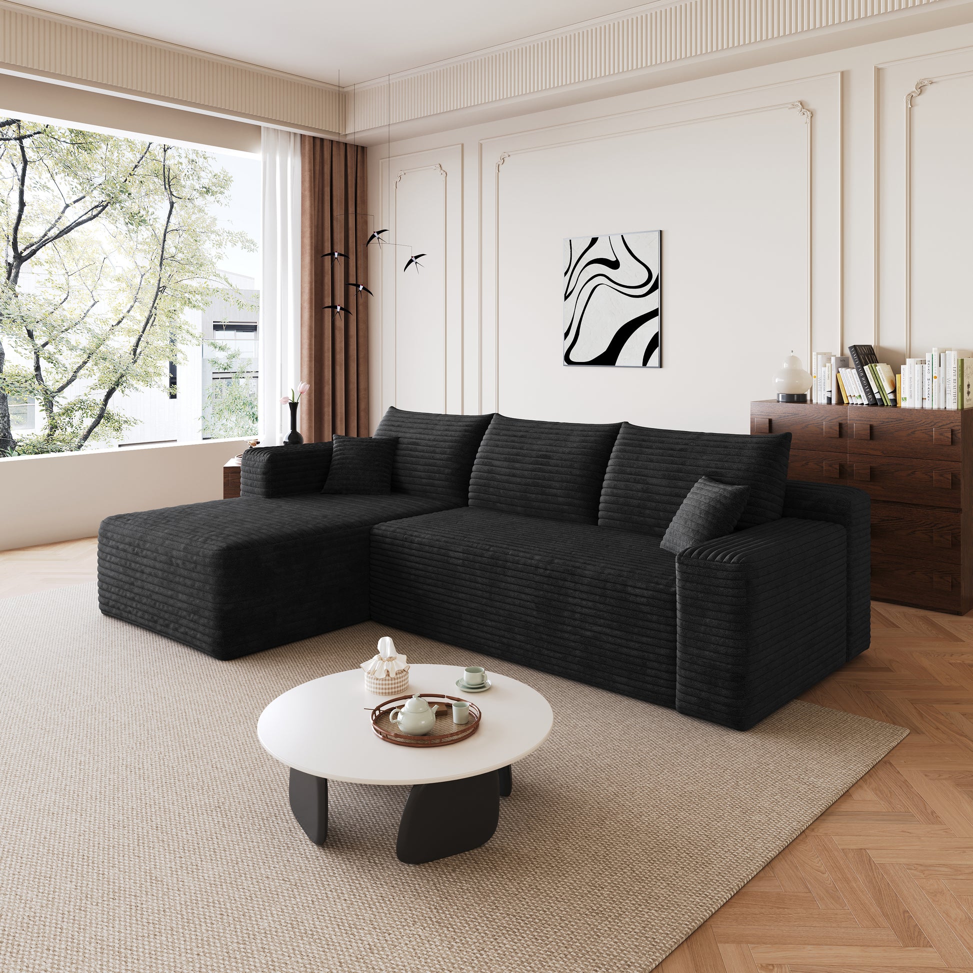Corduroy Spring-Core Compression Sectional — 95"W — Black / Left-Facing