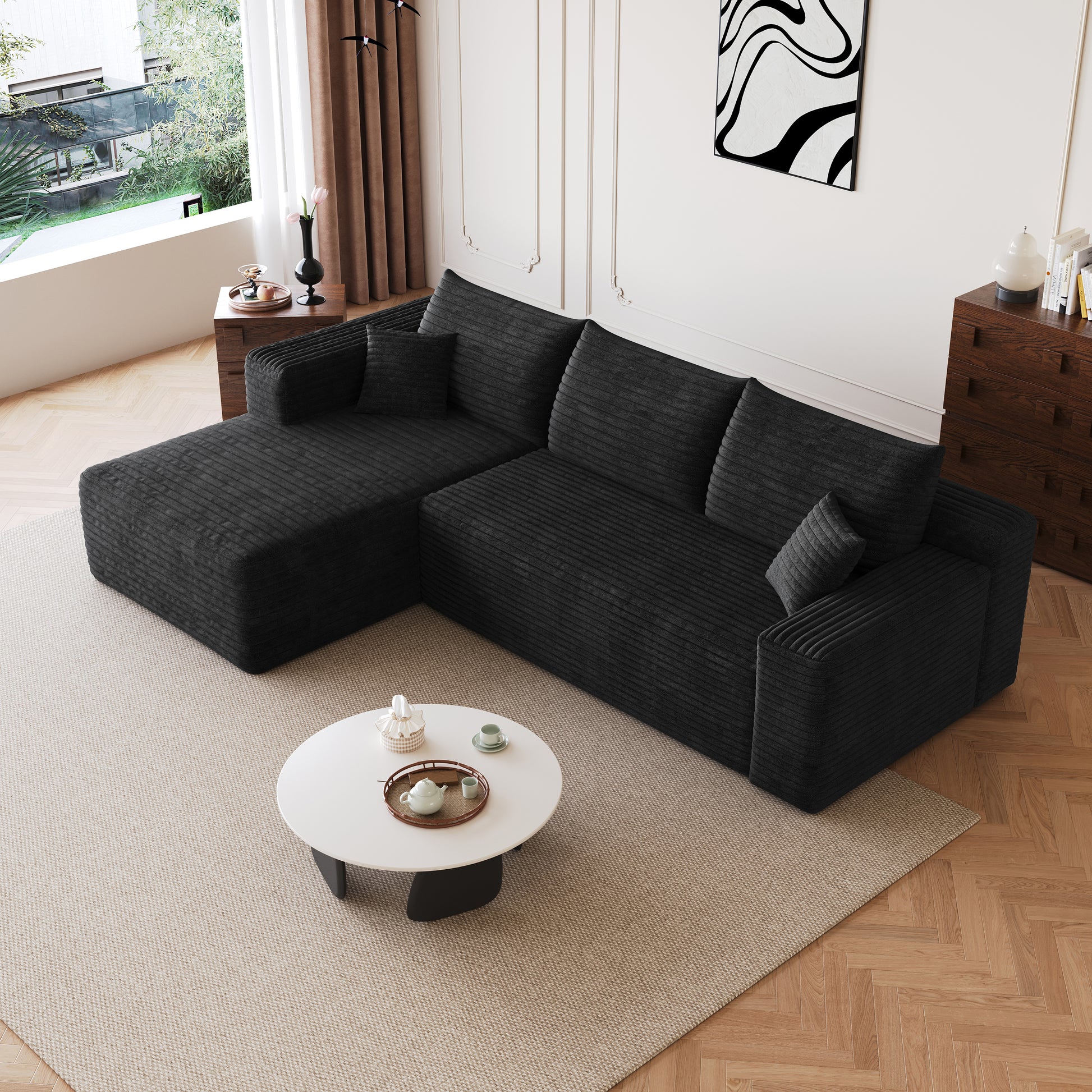 Corduroy Spring-Core Compression Sectional — 95"W — Black / Left-Facing