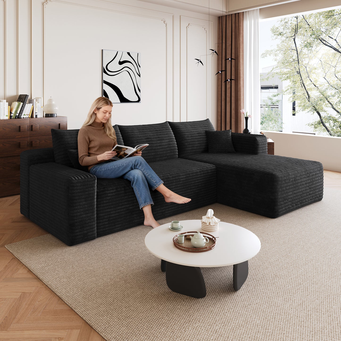 Corduroy Spring-Core Compression Sectional — 95"W — Black / Right-Facing