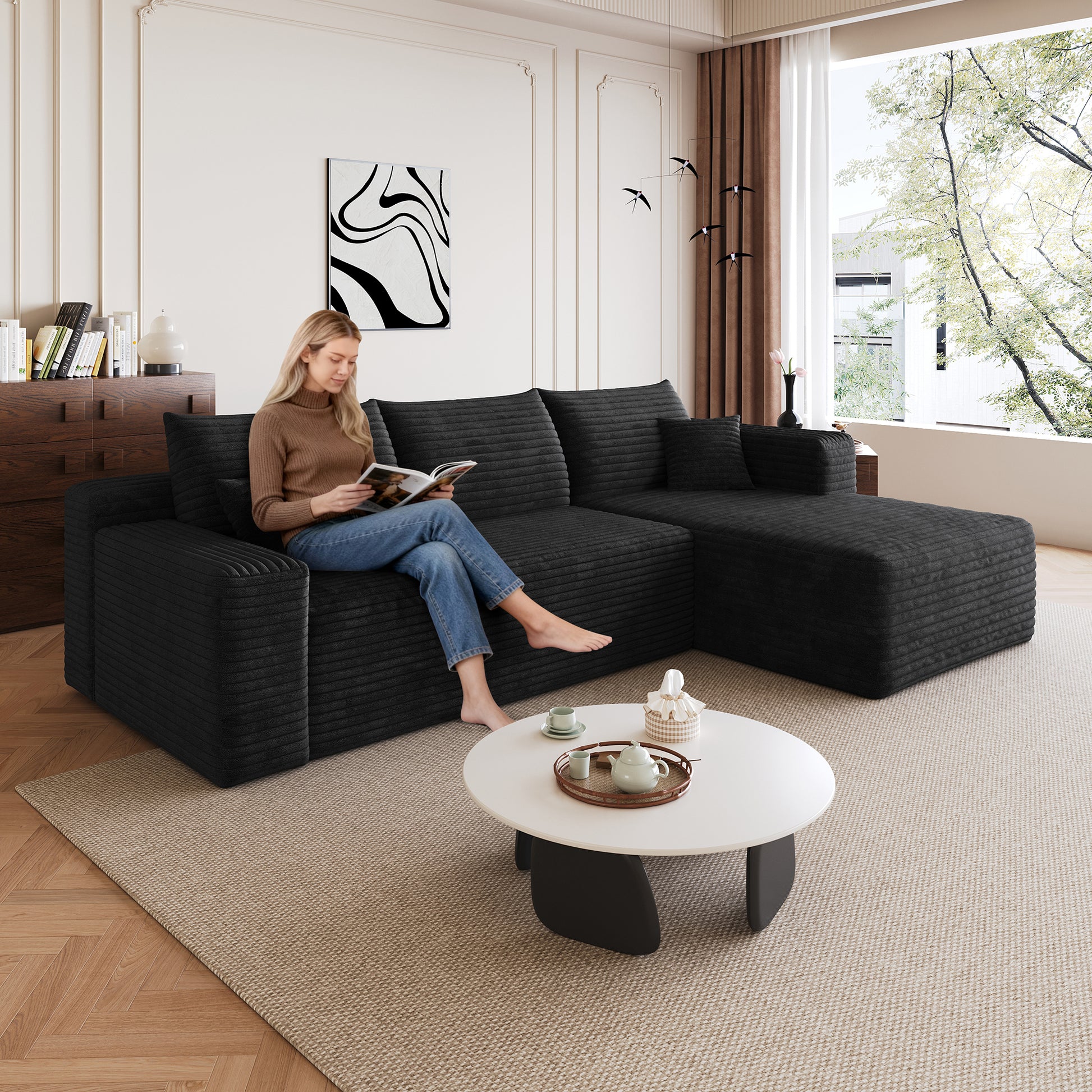 Corduroy Spring-Core Compression Sectional — 95"W — Black / Right-Facing