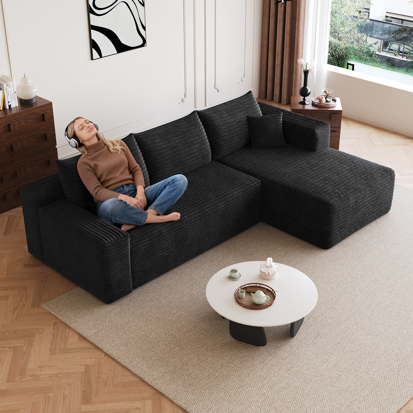 Corduroy Spring-Core Compression Sectional — 95"W — Black / Right-Facing