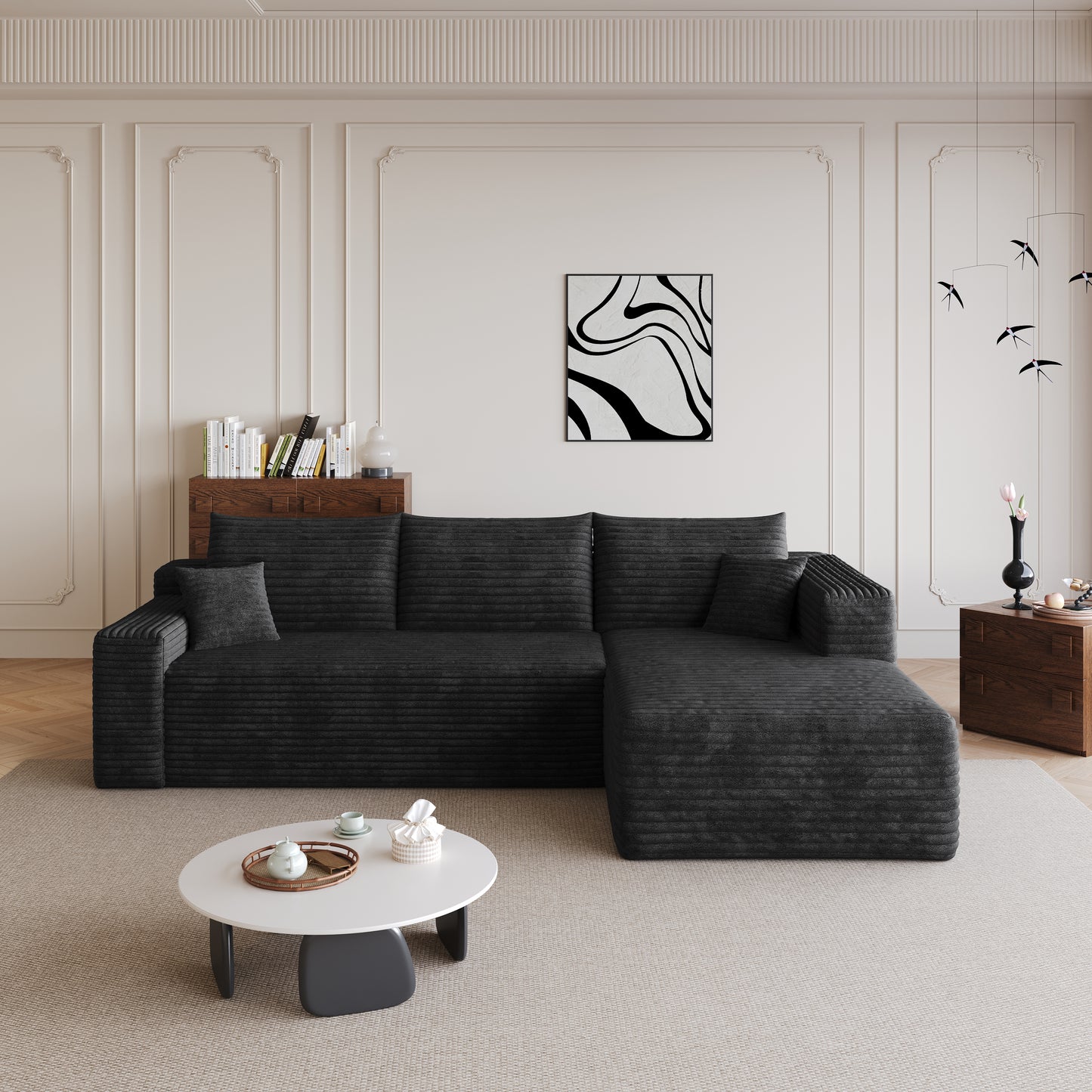 Corduroy Spring-Core Compression Sectional — 95"W — Black / Right-Facing