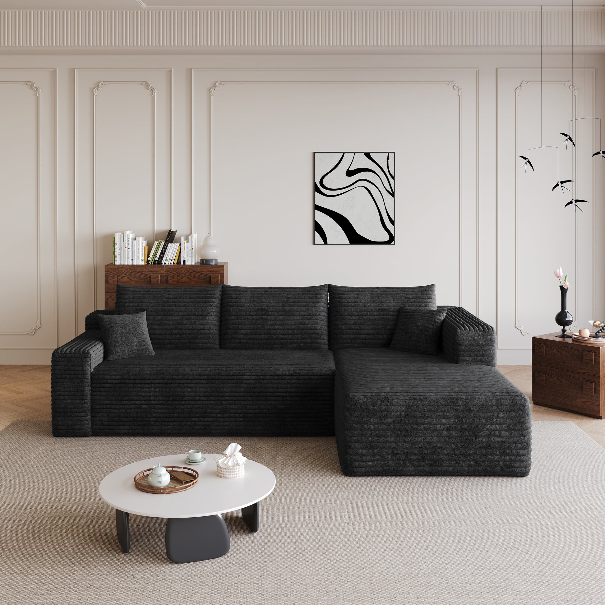 Corduroy Spring-Core Compression Sectional — 95"W — Black / Right-Facing