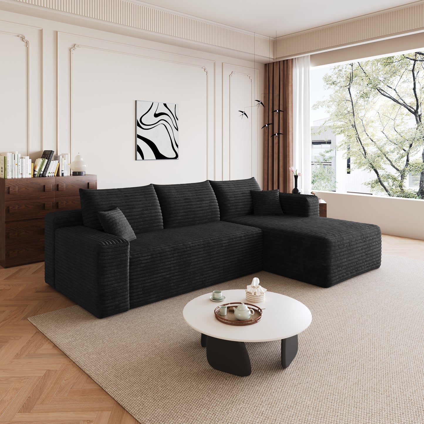 Corduroy Spring-Core Compression Sectional — 95"W — Black / Right-Facing