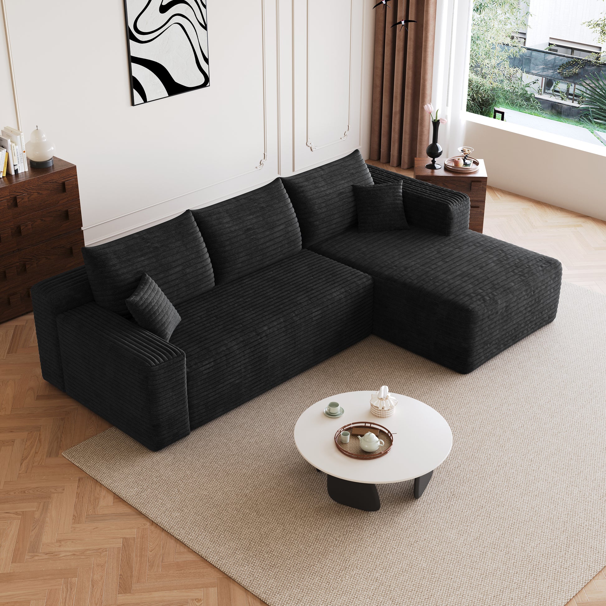 Corduroy Spring-Core Compression Sectional — 95"W — Black / Right-Facing