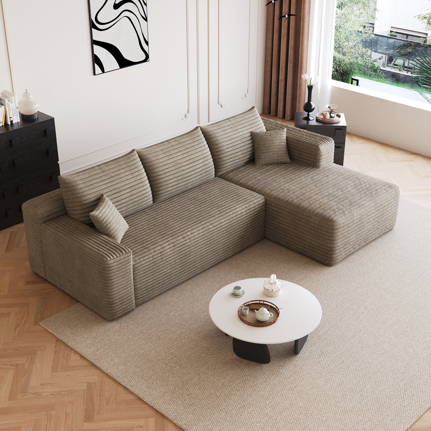 Corduroy Spring-Core Compression Sectional — 95"W — Camel / Right-Facing