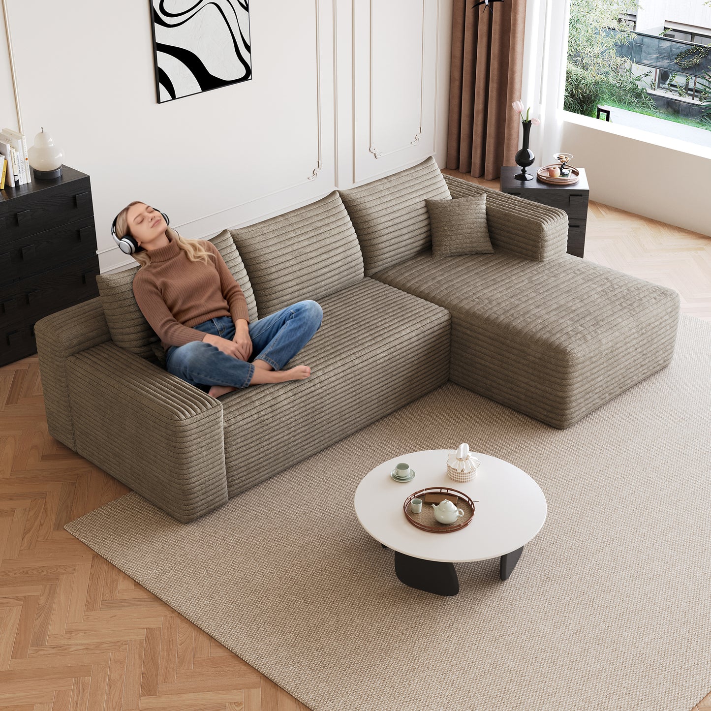 Corduroy Spring-Core Compression Sectional — 95"W — Camel / Right-Facing