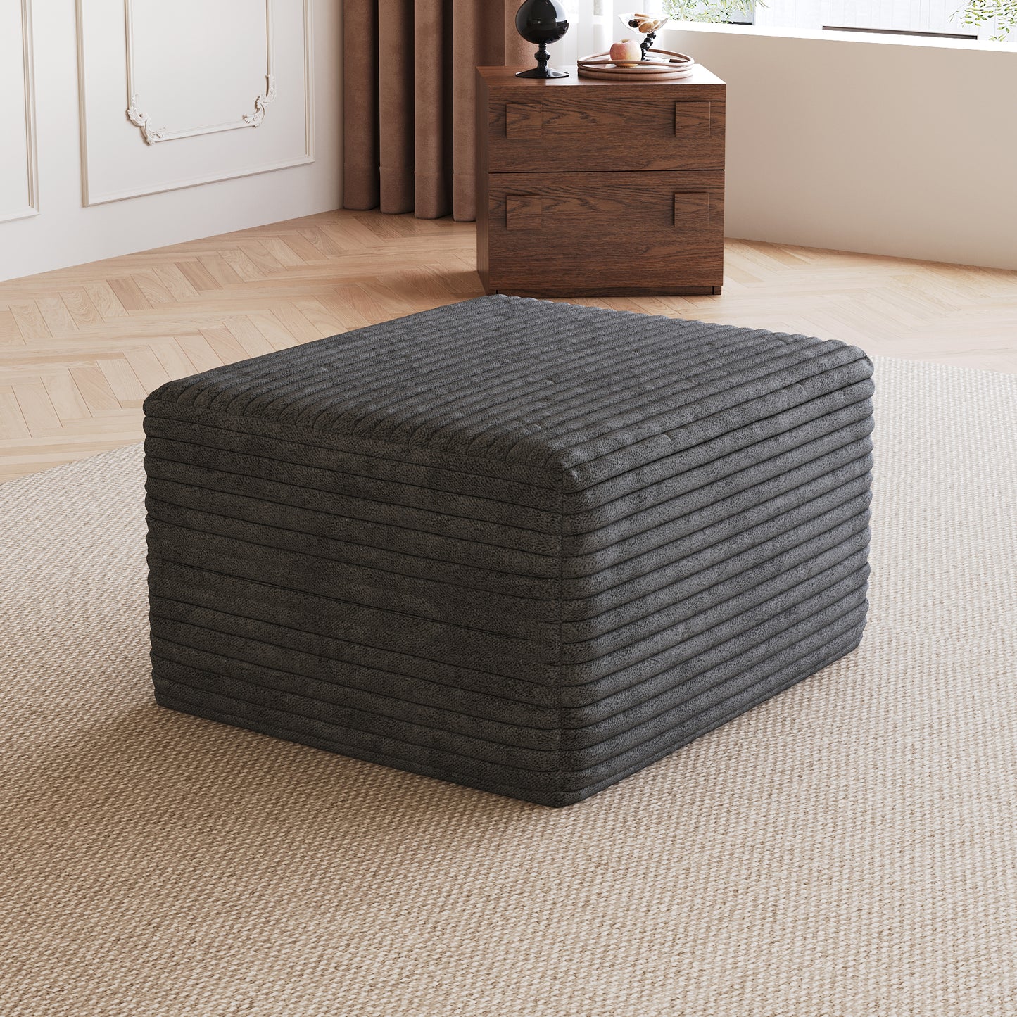 Corduroy Spring-Core Compression Sectional — 95"W — Dark Grey / 1 Ottoman