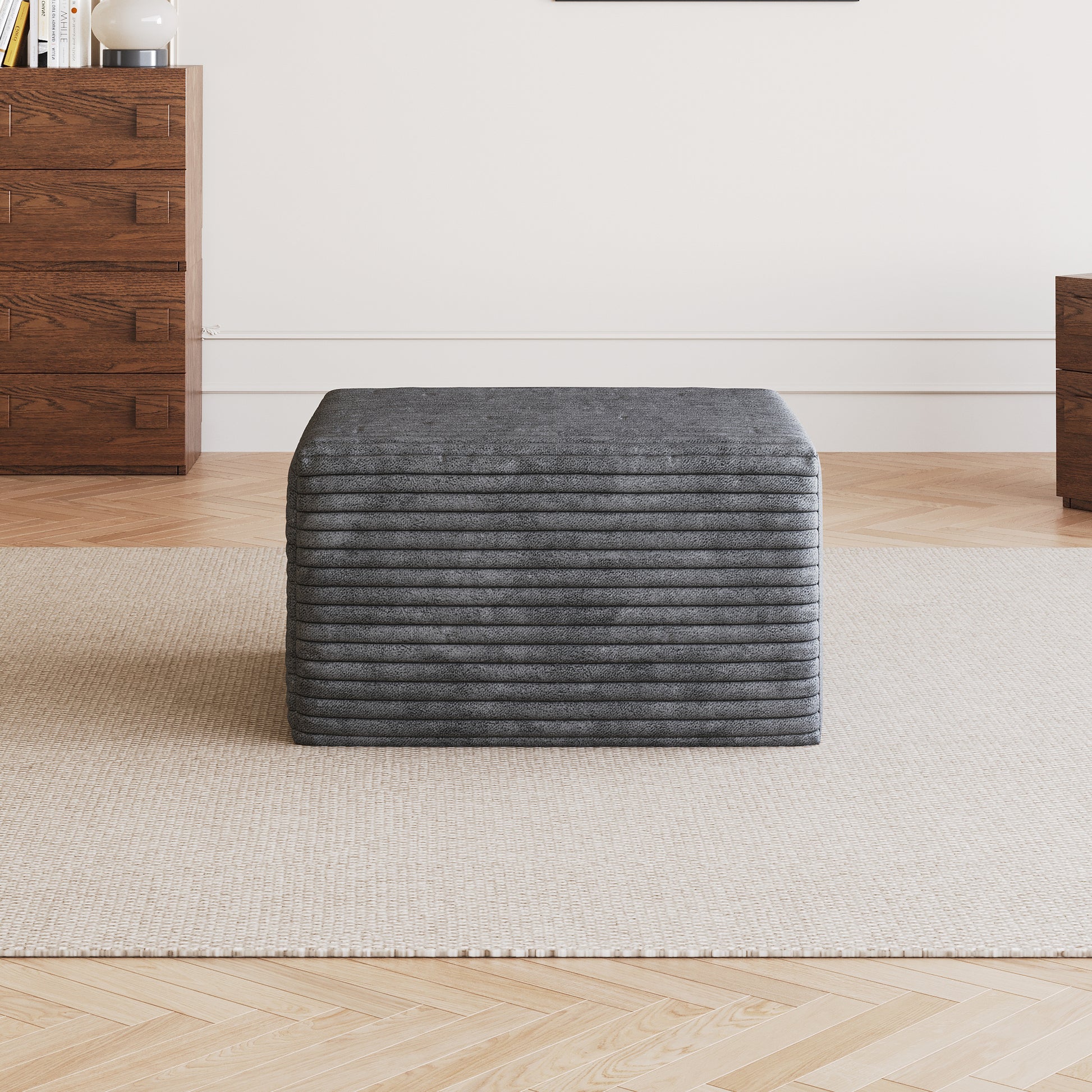 Corduroy Spring-Core Compression Sectional — 95"W — Dark Grey / 1 Ottoman