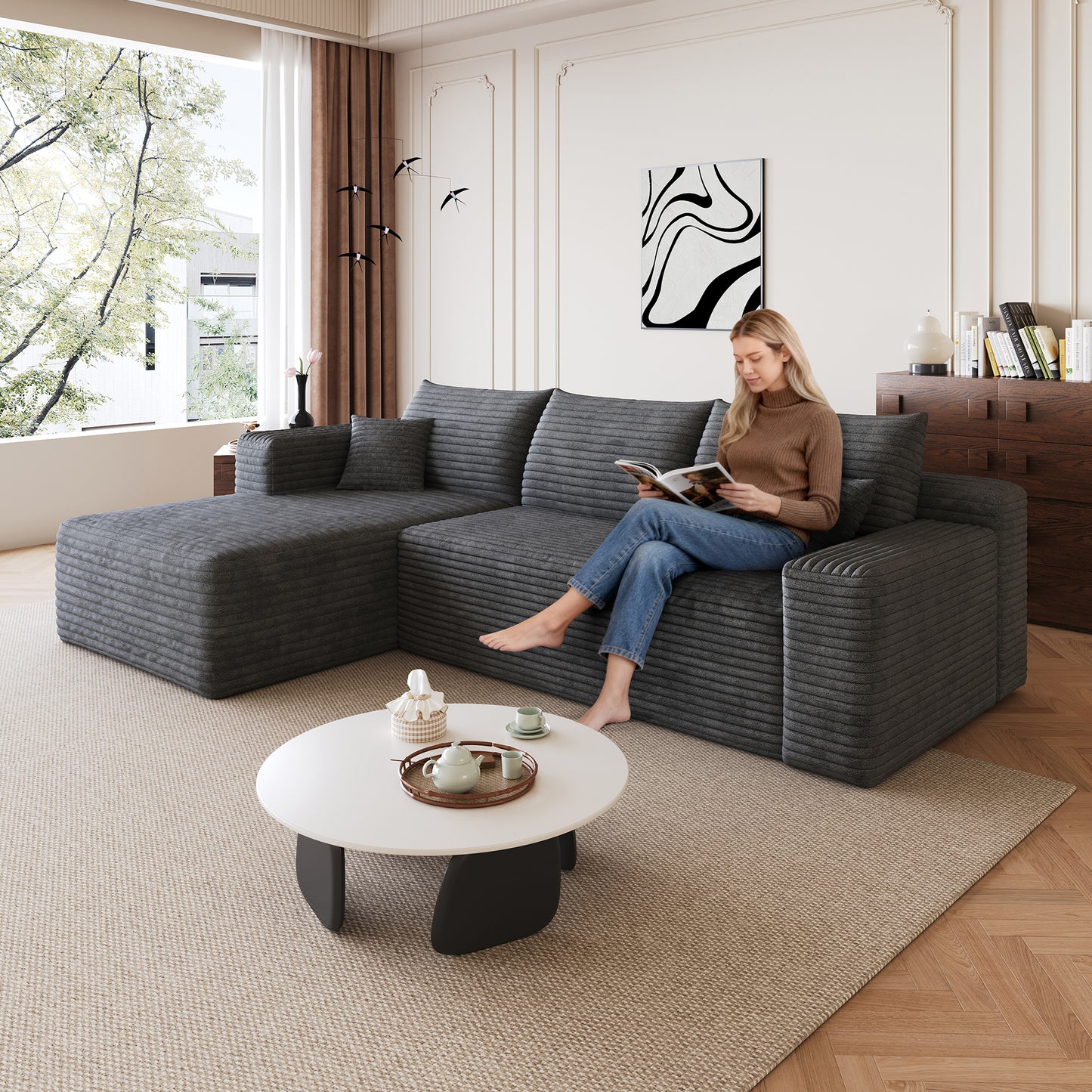 Corduroy Spring-Core Compression Sectional — 95"W — Dark Grey / Left-Facing