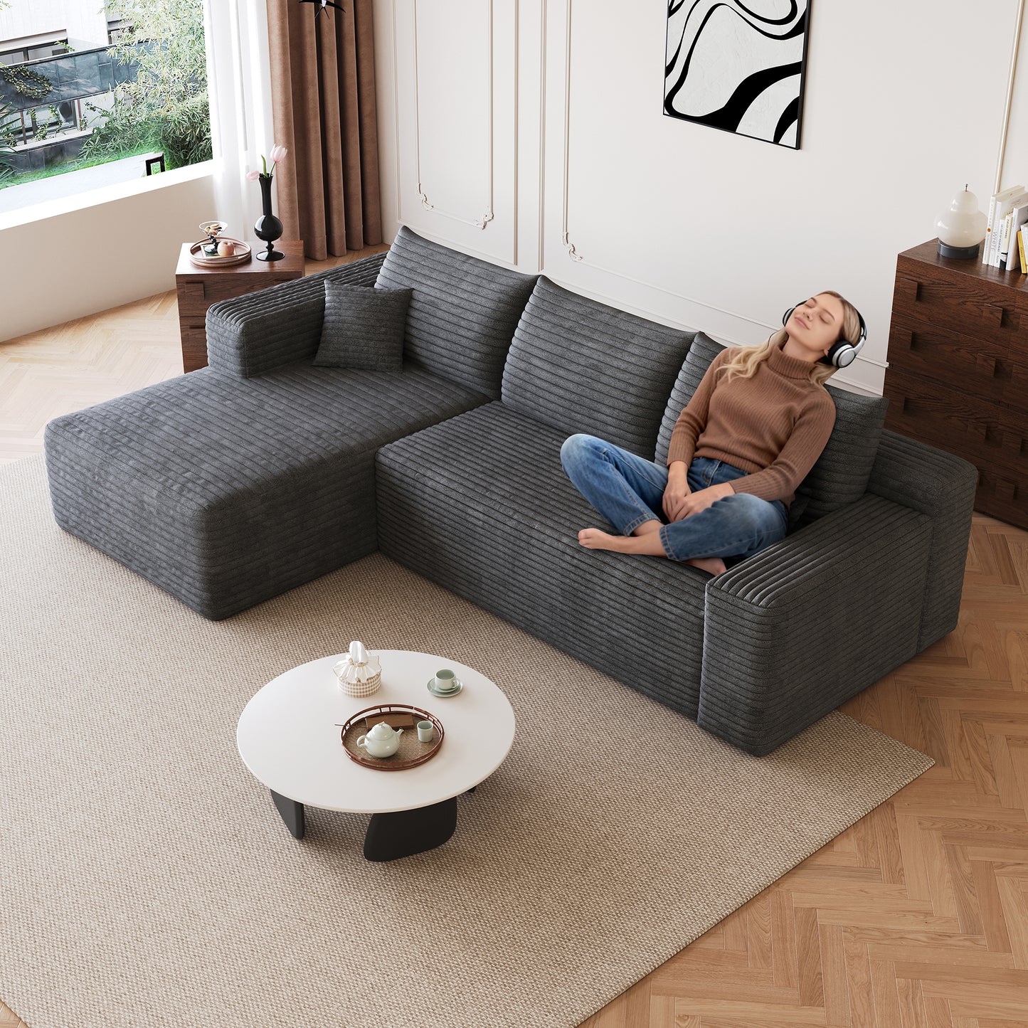Corduroy Spring-Core Compression Sectional — 95"W — Dark Grey / Left-Facing