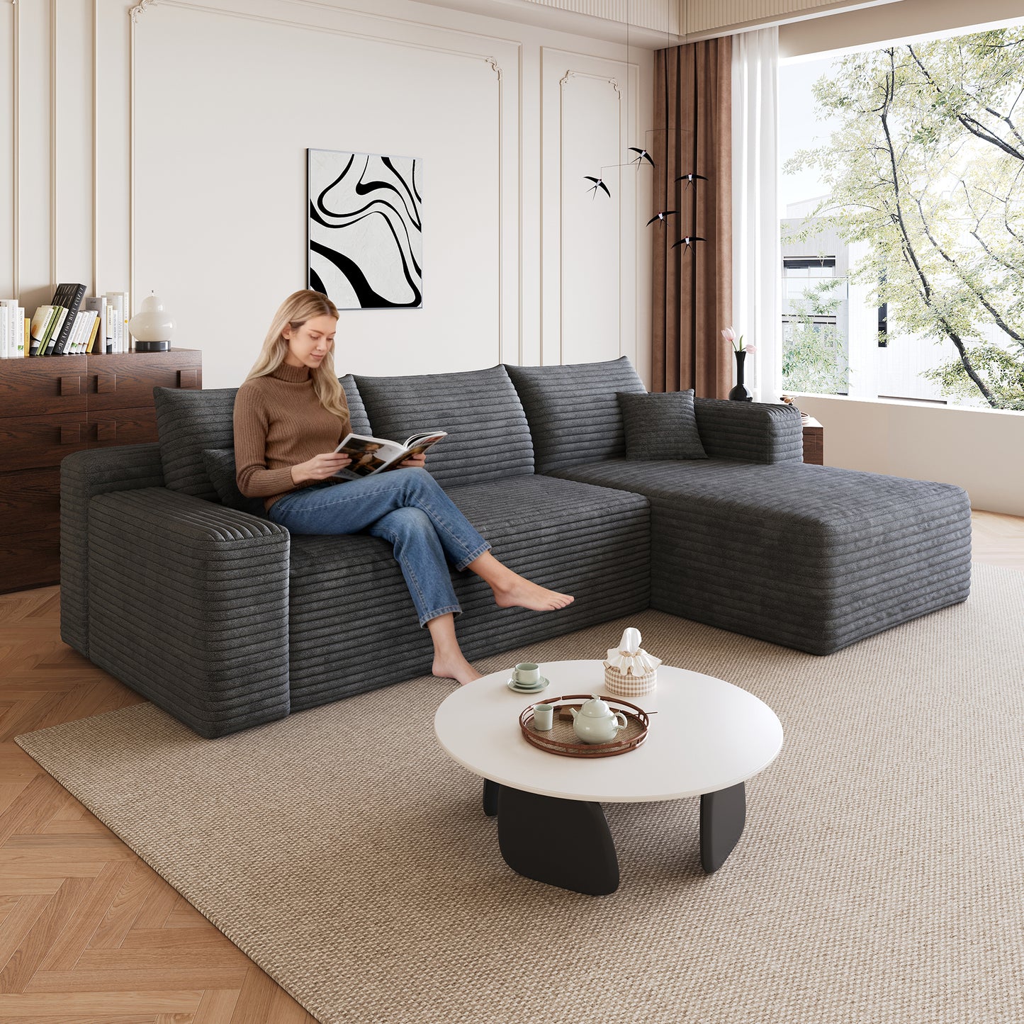 Corduroy Spring-Core Compression Sectional — 95"W — Dark Grey / Right-Facing