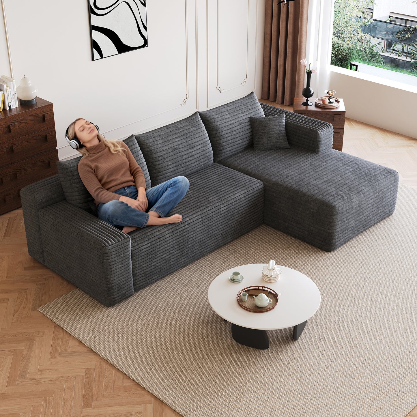 Corduroy Spring-Core Compression Sectional — 95"W — Dark Grey / Right-Facing