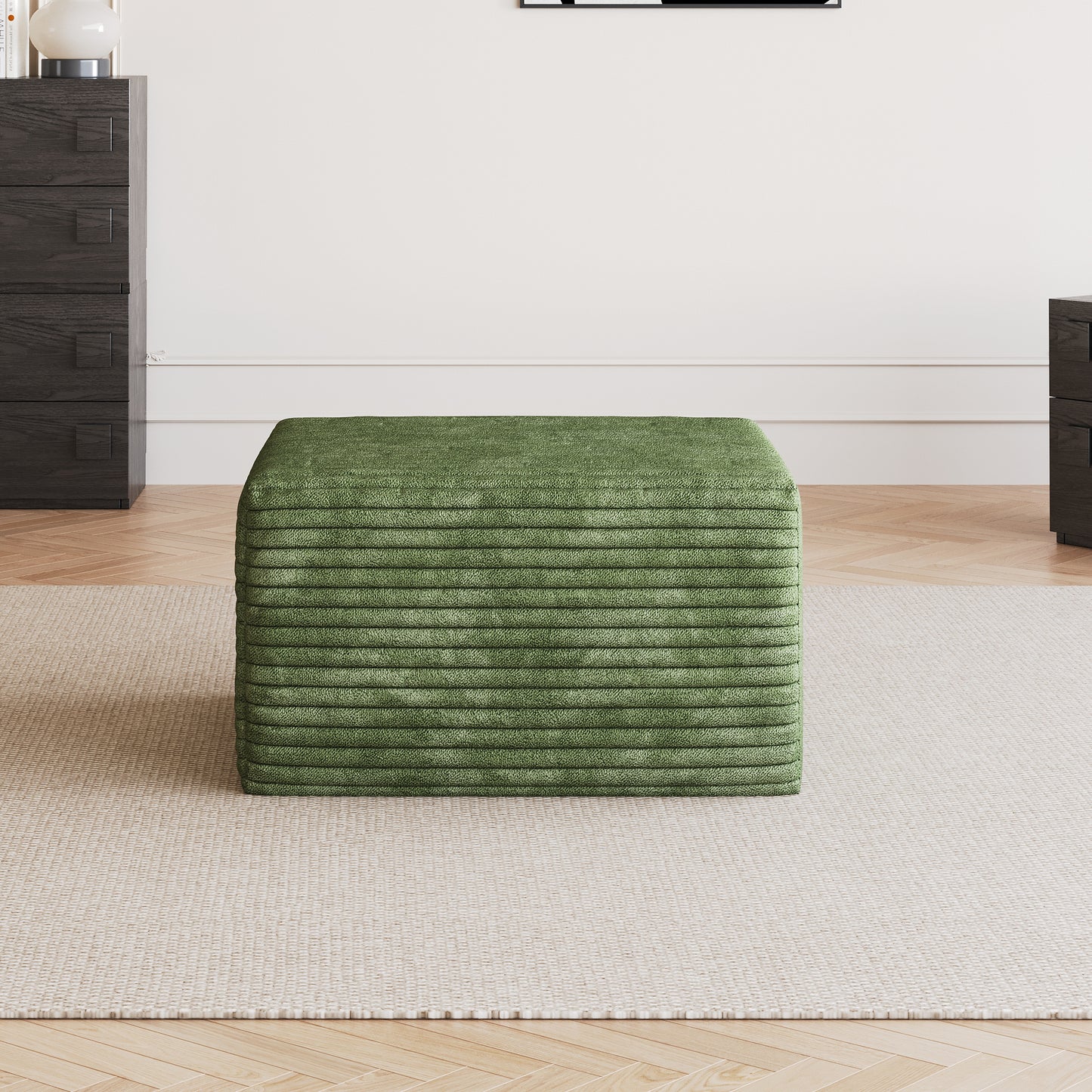 Corduroy Spring-Core Compression Sectional — 95"W — Green / 1 Ottoman