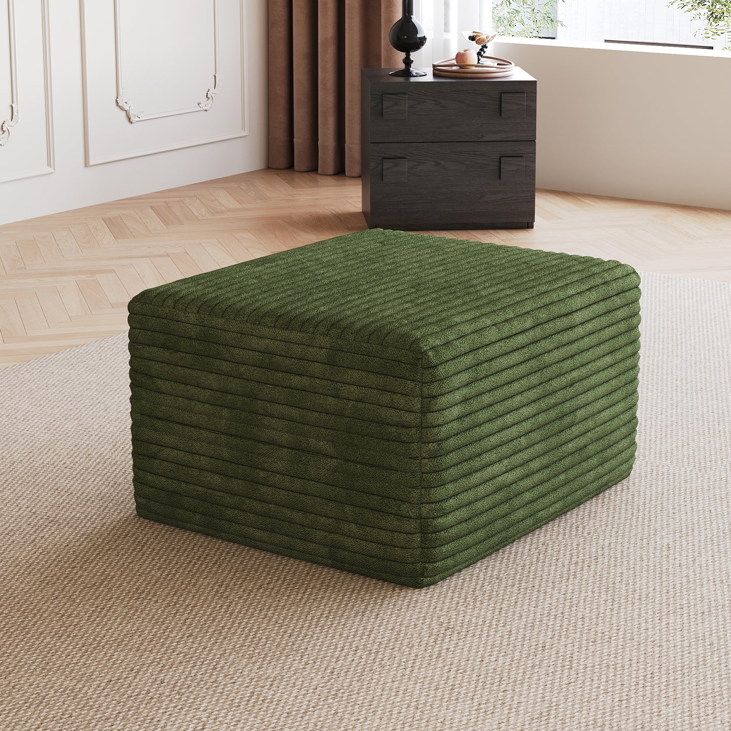 Corduroy Spring-Core Compression Sectional — 95"W — Green / 1 Ottoman