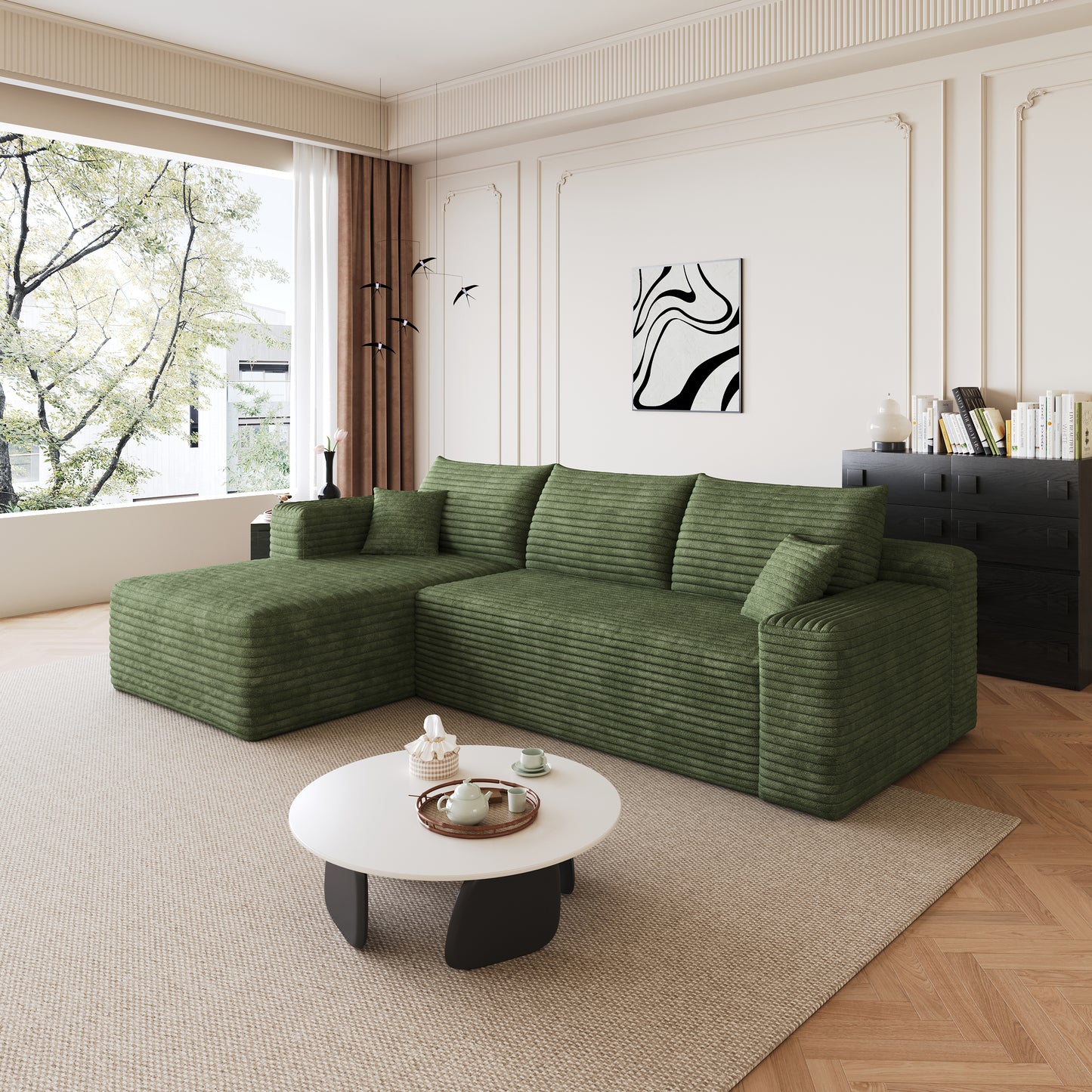 Corduroy Spring-Core Compression Sectional — 95"W — Green / Left-Facing