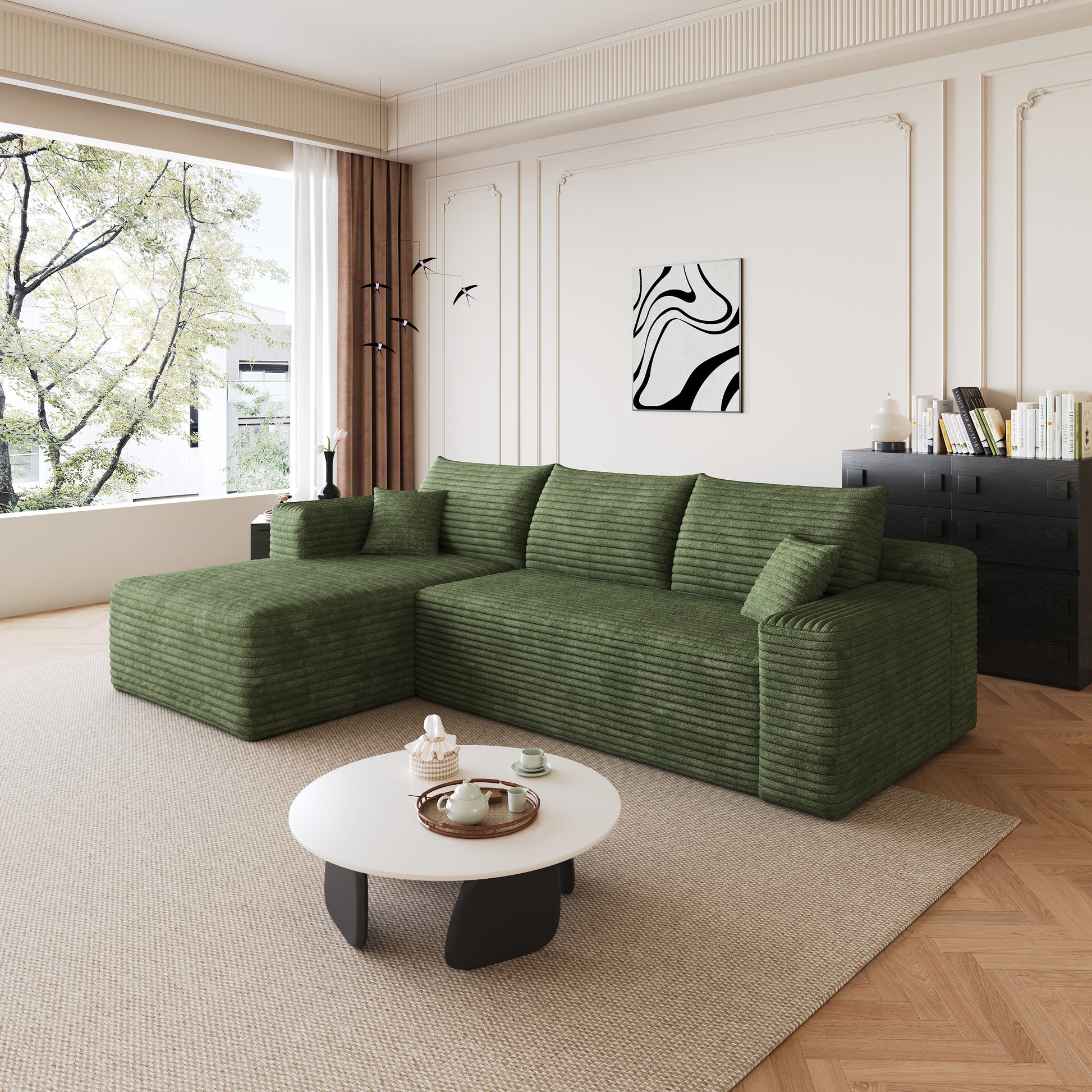 Corduroy Spring-Core Compression Sectional — 95"W — Green / Left-Facing