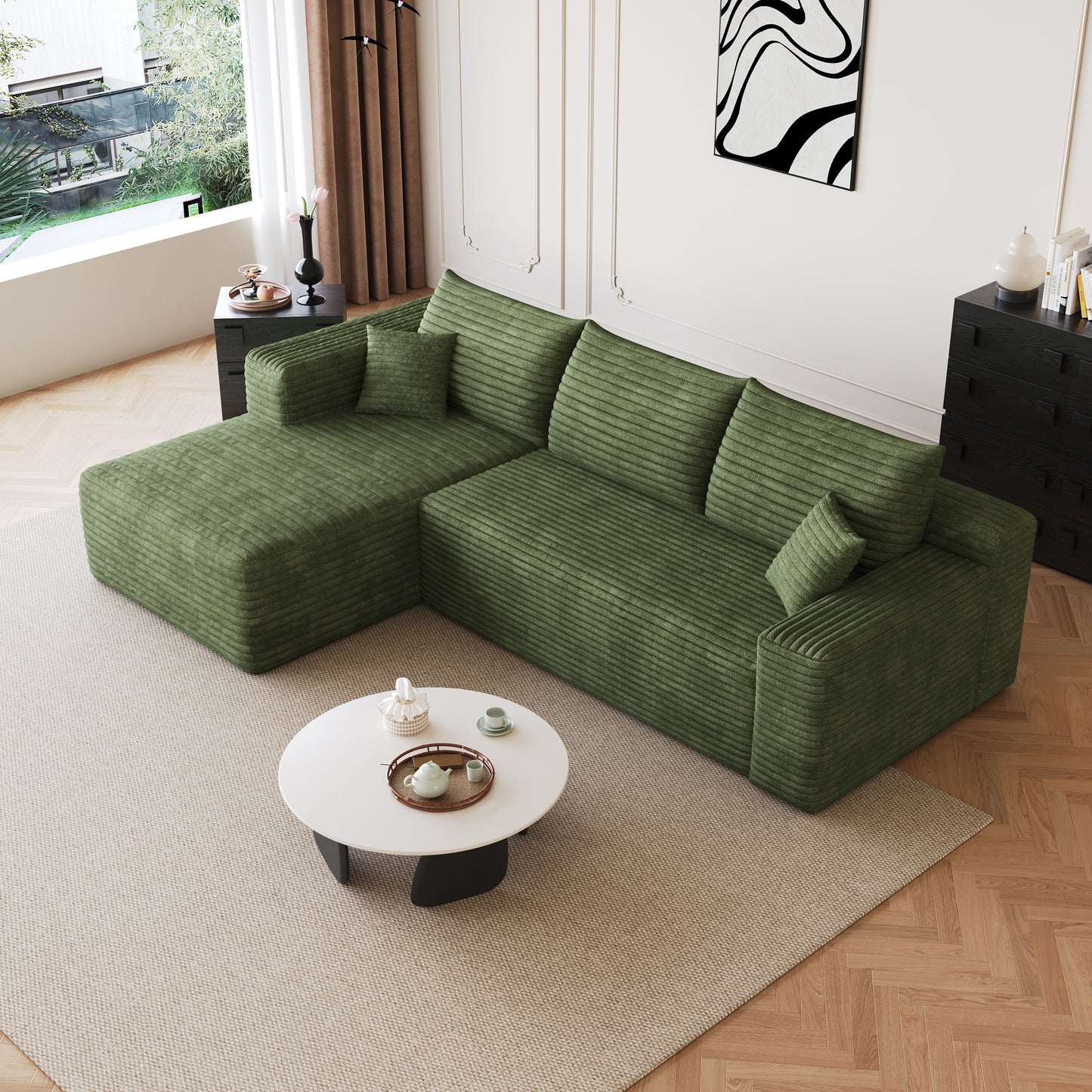 Corduroy Spring-Core Compression Sectional — 95"W — Green / Left-Facing