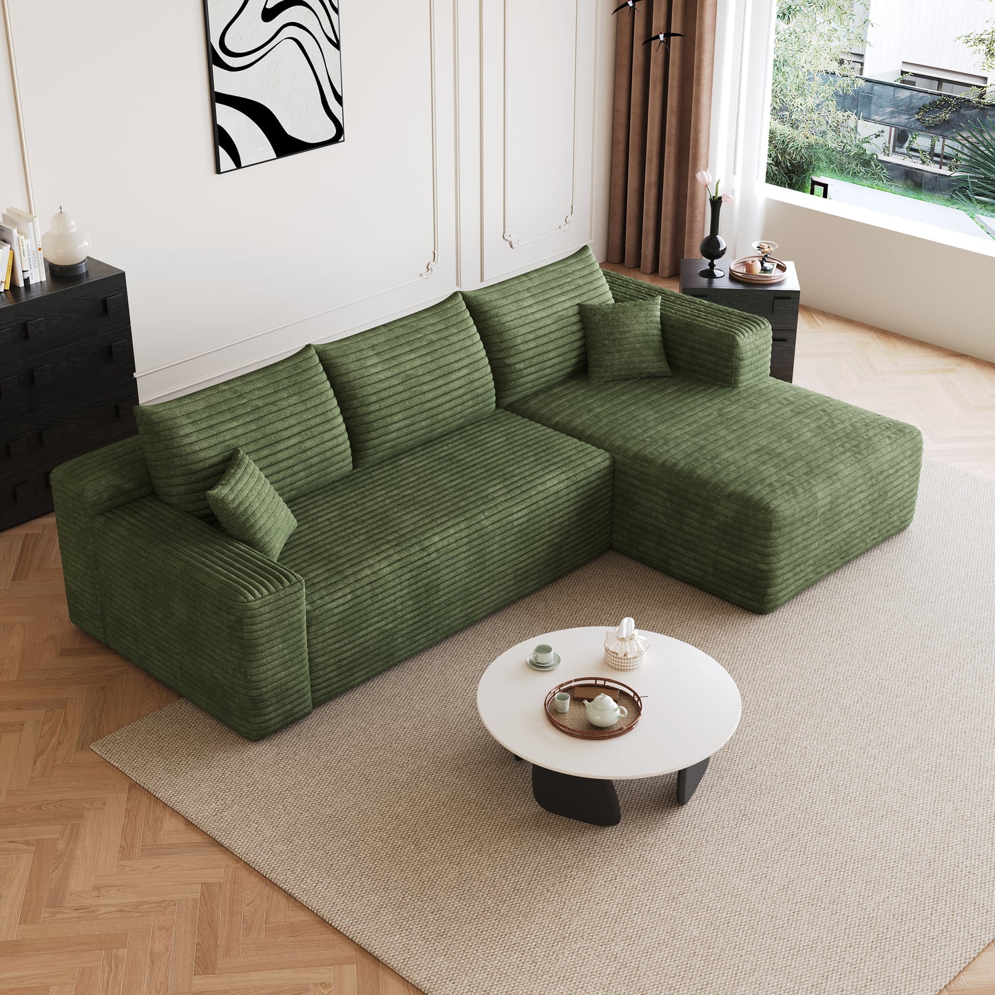 Corduroy Spring-Core Compression Sectional — 95"W — Green / Right-Facing