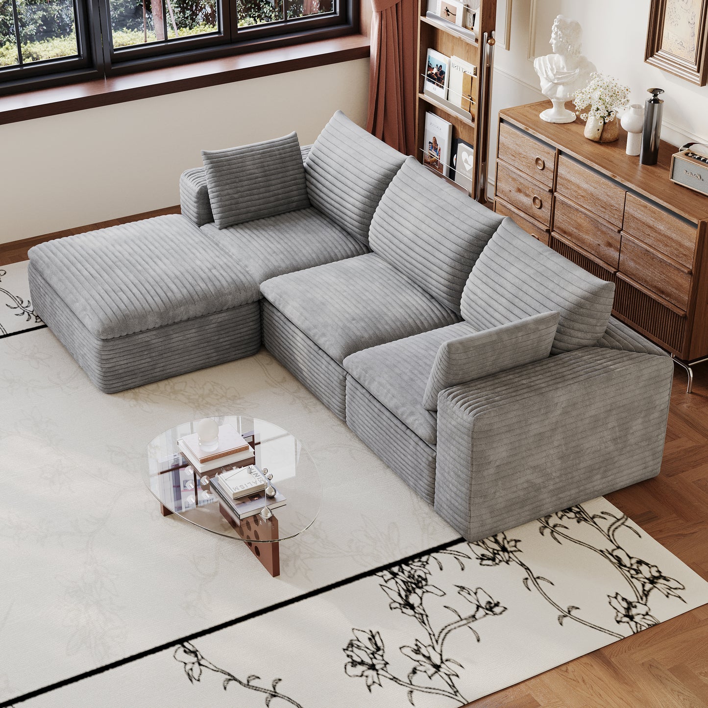 Corduroy Compression Sectional — 2/3/4/5-Seat — Grey / 3-Seat + 1 Ottoman