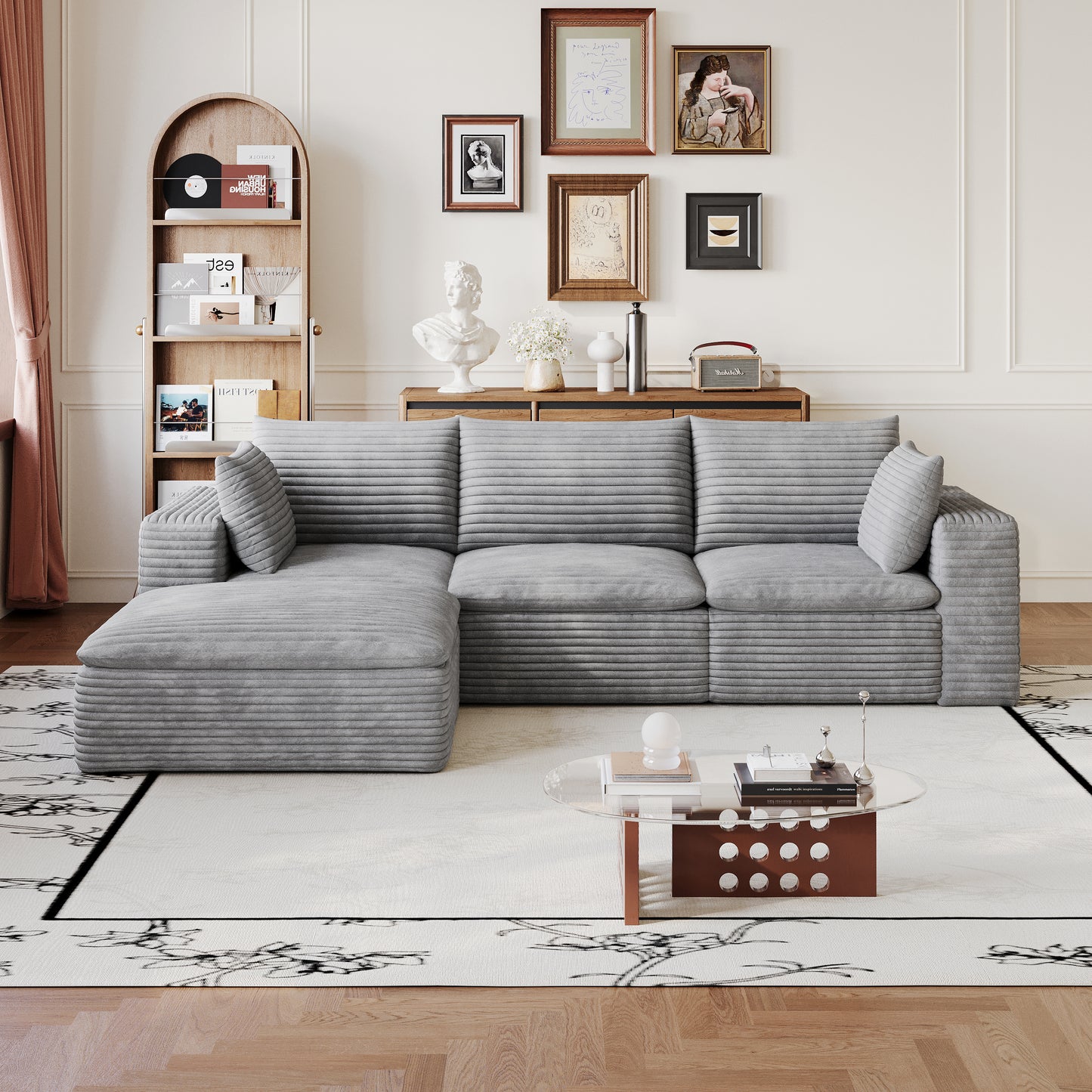 Corduroy Compression Sectional — 2/3/4/5-Seat — Grey / 3-Seat + 1 Ottoman
