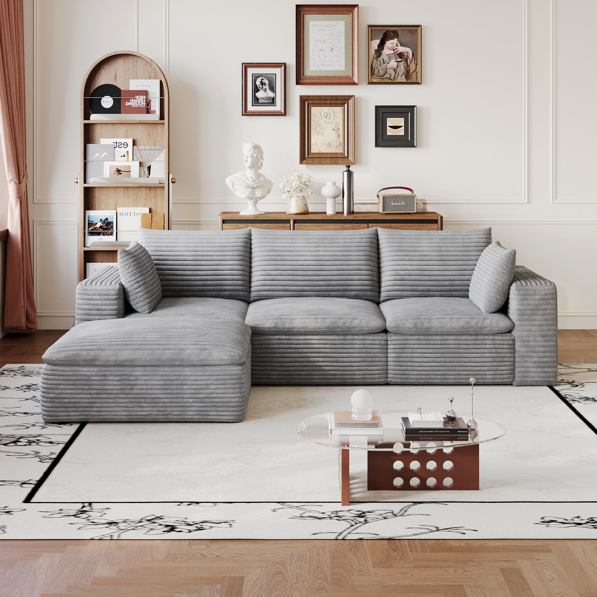 Corduroy Compression Sectional — 2/3/4/5-Seat — Grey / 3-Seat + 1 Ottoman