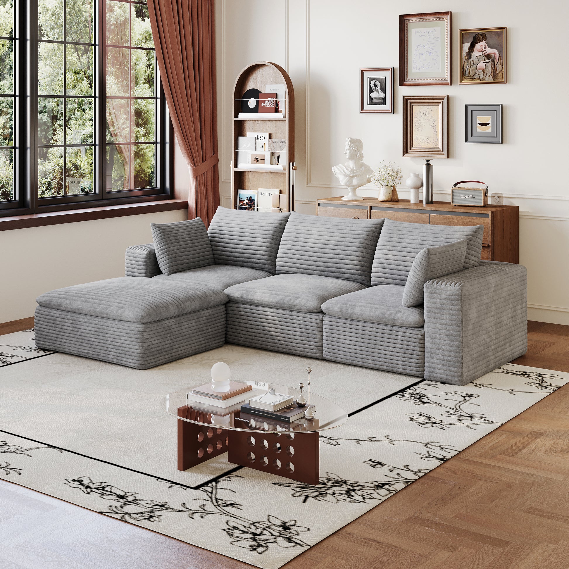 Corduroy Compression Sectional — 2/3/4/5-Seat — Grey / 3-Seat + 1 Ottoman