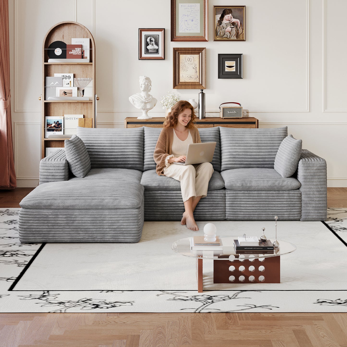 Corduroy Compression Sectional — 2/3/4/5-Seat — Grey / 3-Seat + 1 Ottoman