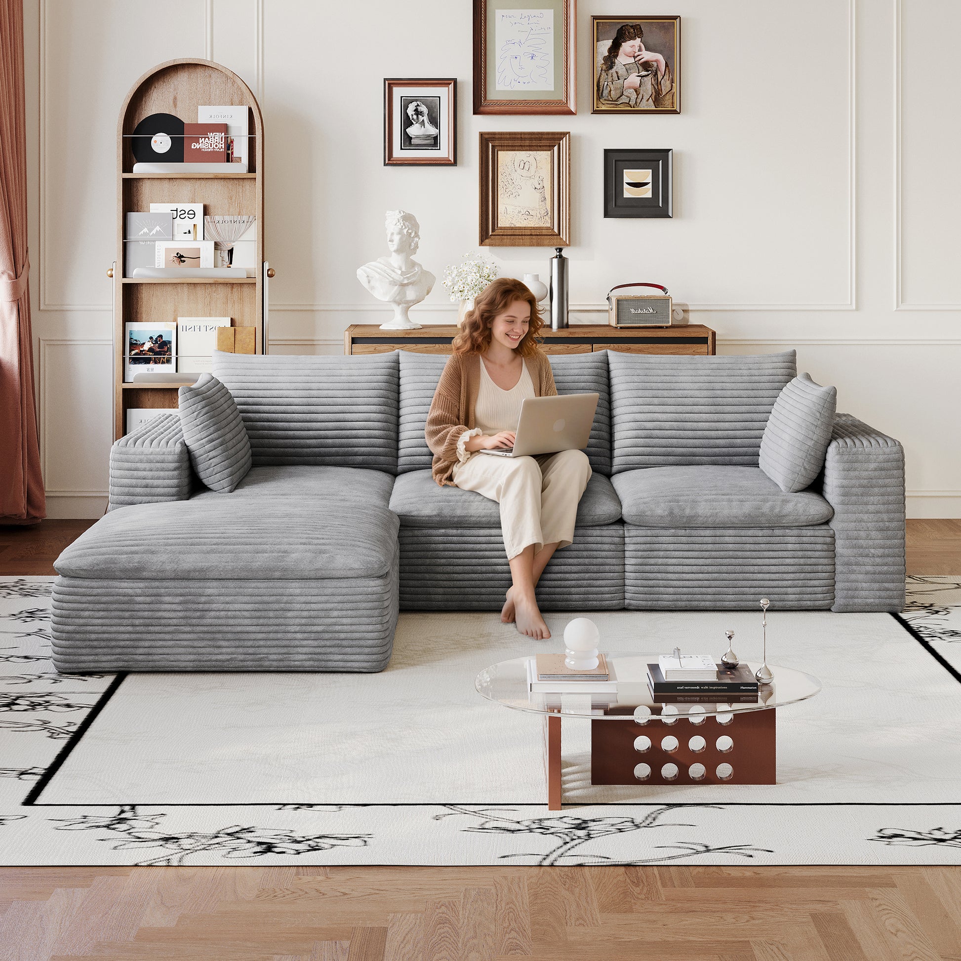 Corduroy Compression Sectional — 2/3/4/5-Seat — Grey / 3-Seat + 1 Ottoman