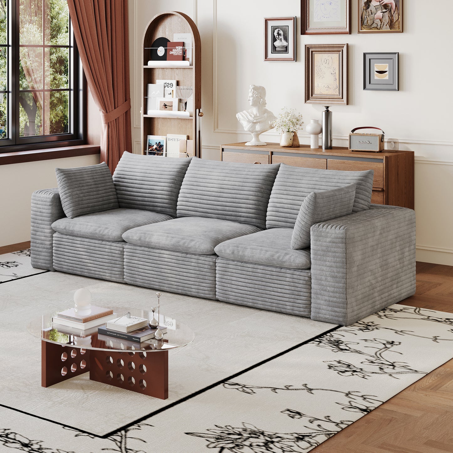 Corduroy Compression Sectional — 2/3/4/5-Seat — Grey / 3-Seat