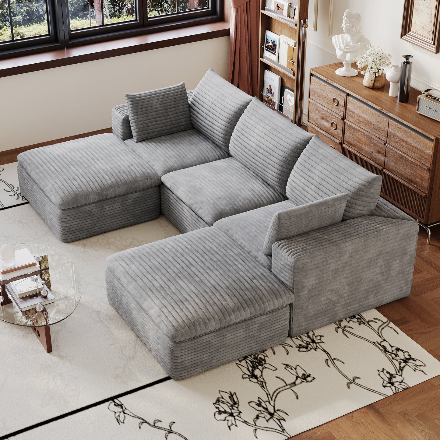 Corduroy Compression Sectional — 2/3/4/5-Seat — Grey / 3-Seat + 2 Ottomans