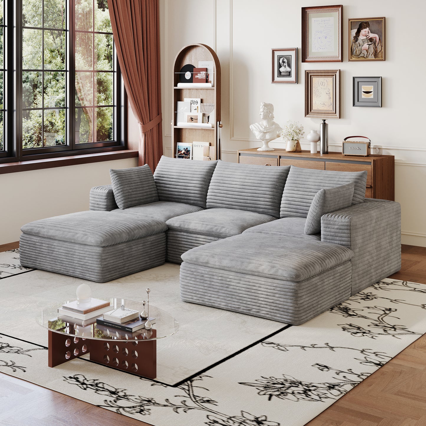 Corduroy Compression Sectional — 2/3/4/5-Seat — Grey / 3-Seat + 2 Ottomans