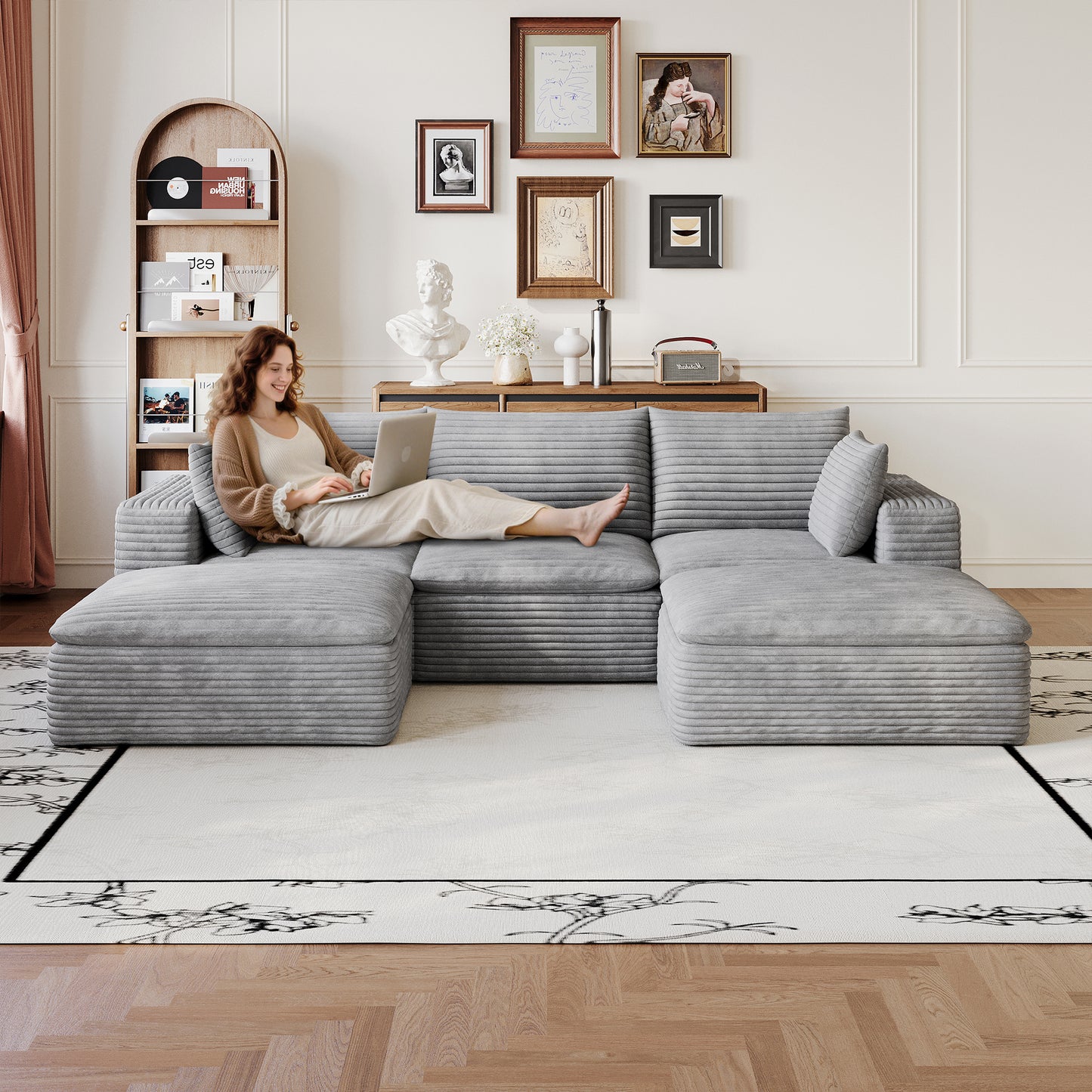 Corduroy Compression Sectional — 2/3/4/5-Seat — Grey / 3-Seat + 2 Ottomans