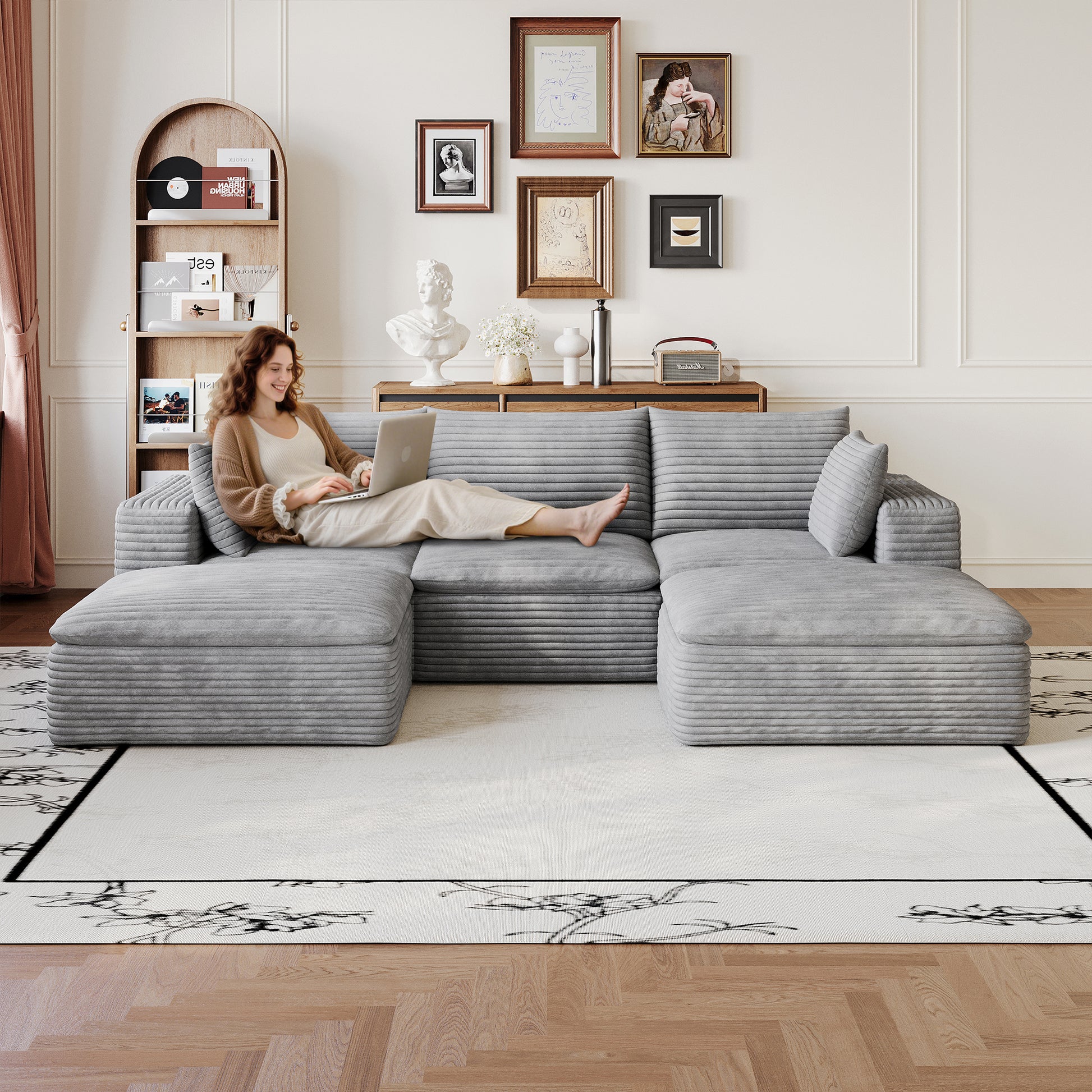 Corduroy Compression Sectional — 2/3/4/5-Seat — Grey / 3-Seat + 2 Ottomans