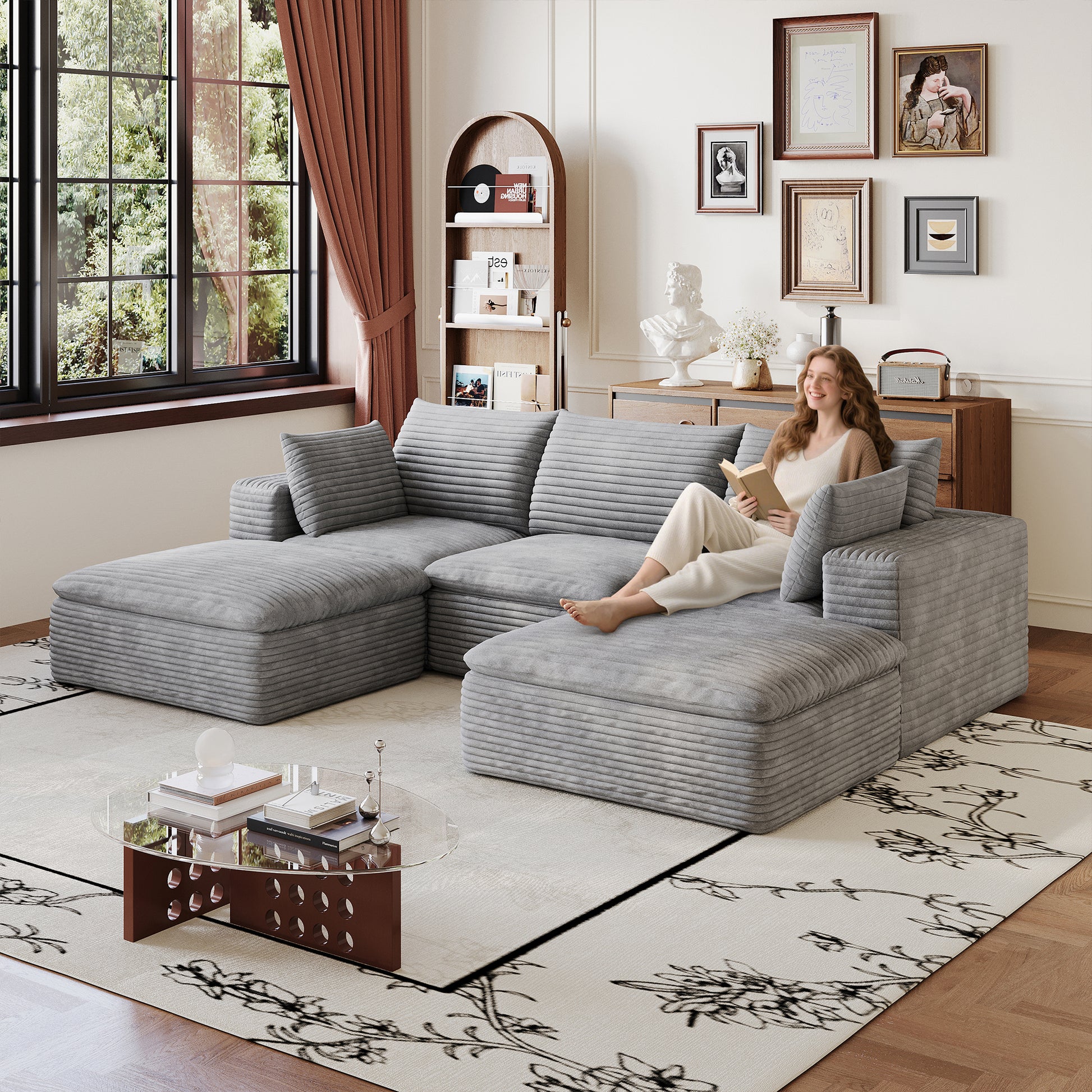 Corduroy Compression Sectional — 2/3/4/5-Seat — Grey / 3-Seat + 2 Ottomans