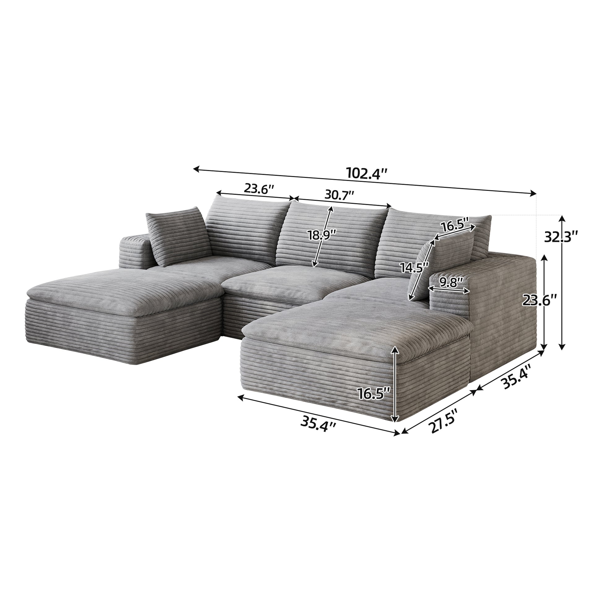Corduroy Compression Sectional — 2/3/4/5-Seat — Grey / 3-Seat + 2 Ottomans