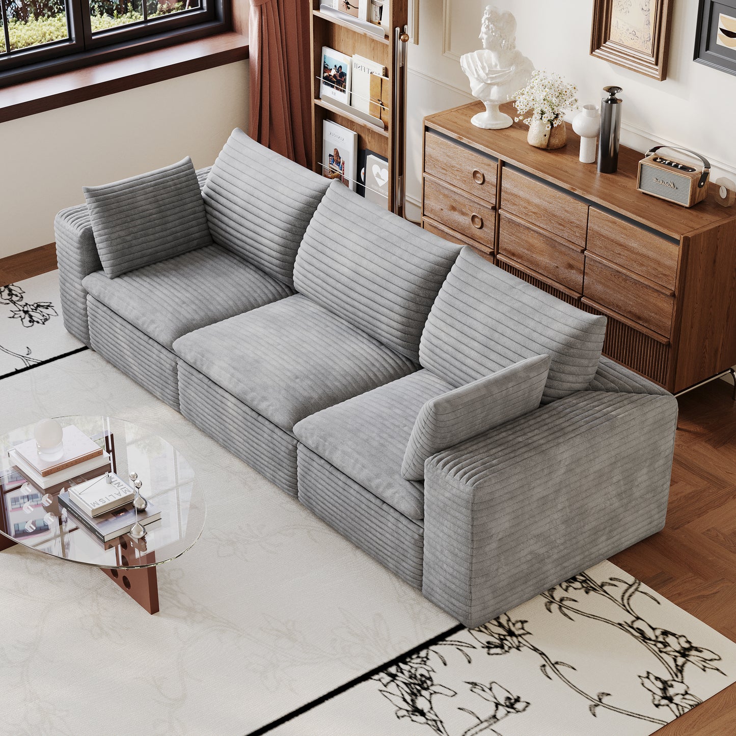 Corduroy Compression Sectional — 2/3/4/5-Seat — Grey / 3-Seat
