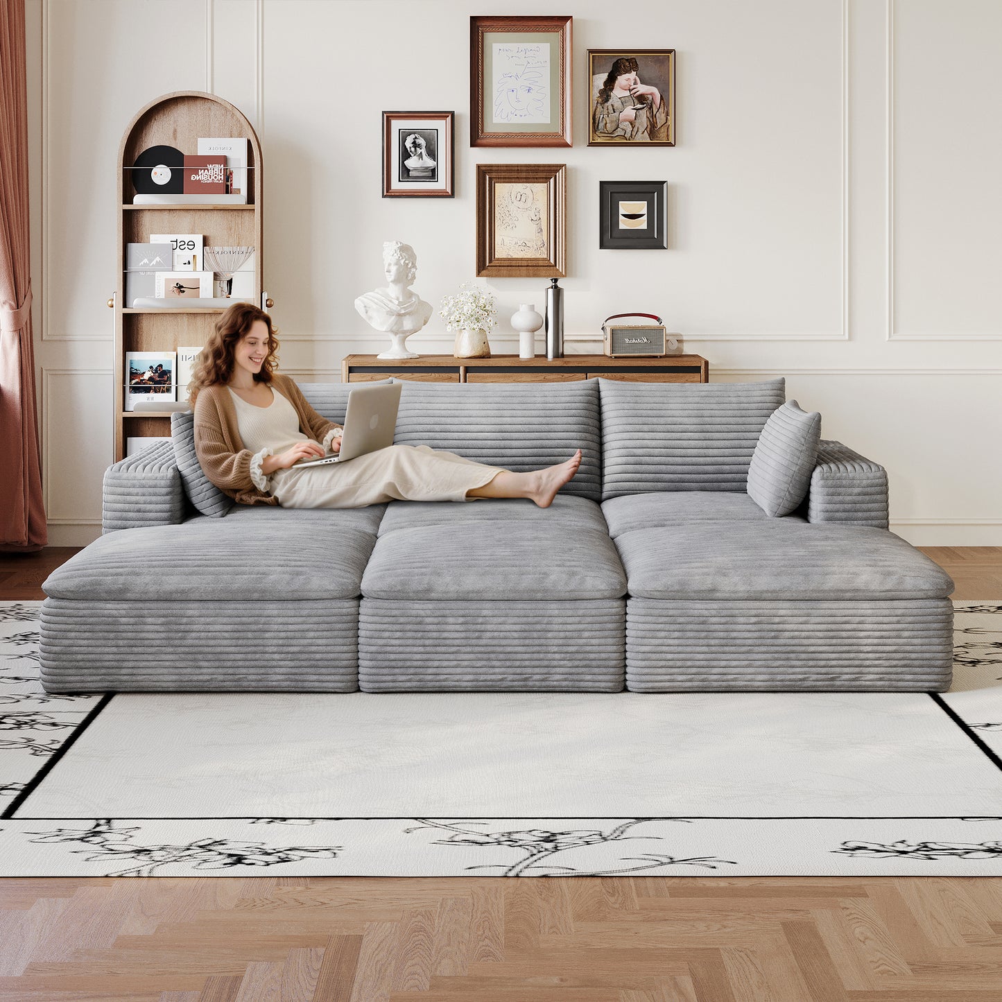 Corduroy Compression Sectional — 2/3/4/5-Seat — Grey / 3-Seat + 3 Ottomans