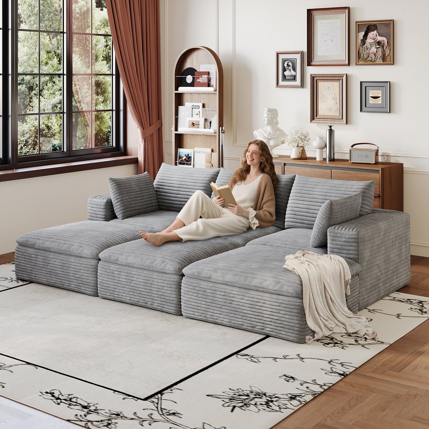 Corduroy Compression Sectional — 2/3/4/5-Seat — Grey / 3-Seat + 3 Ottomans