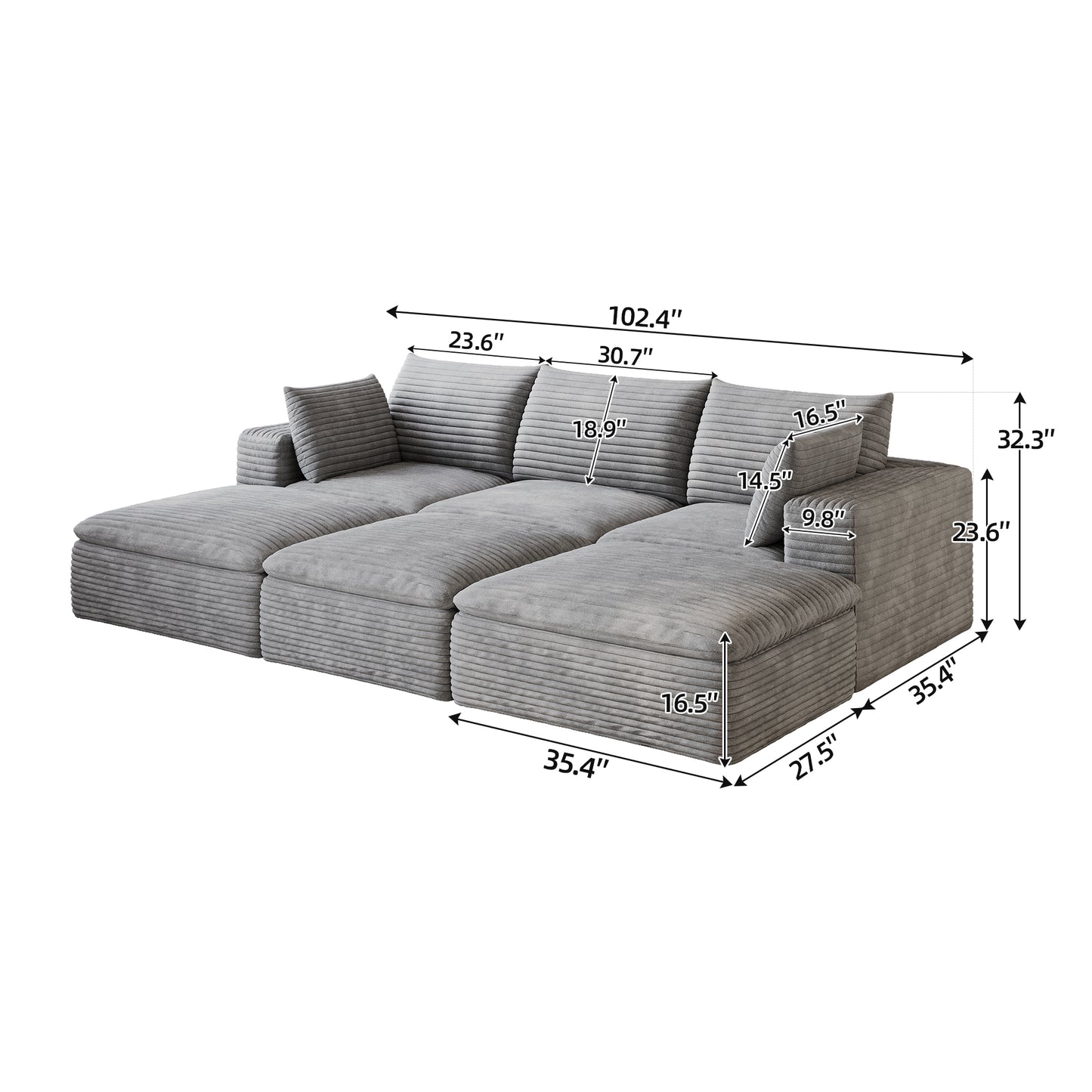 Corduroy Compression Sectional — 2/3/4/5-Seat — Grey / 3-Seat + 3 Ottomans