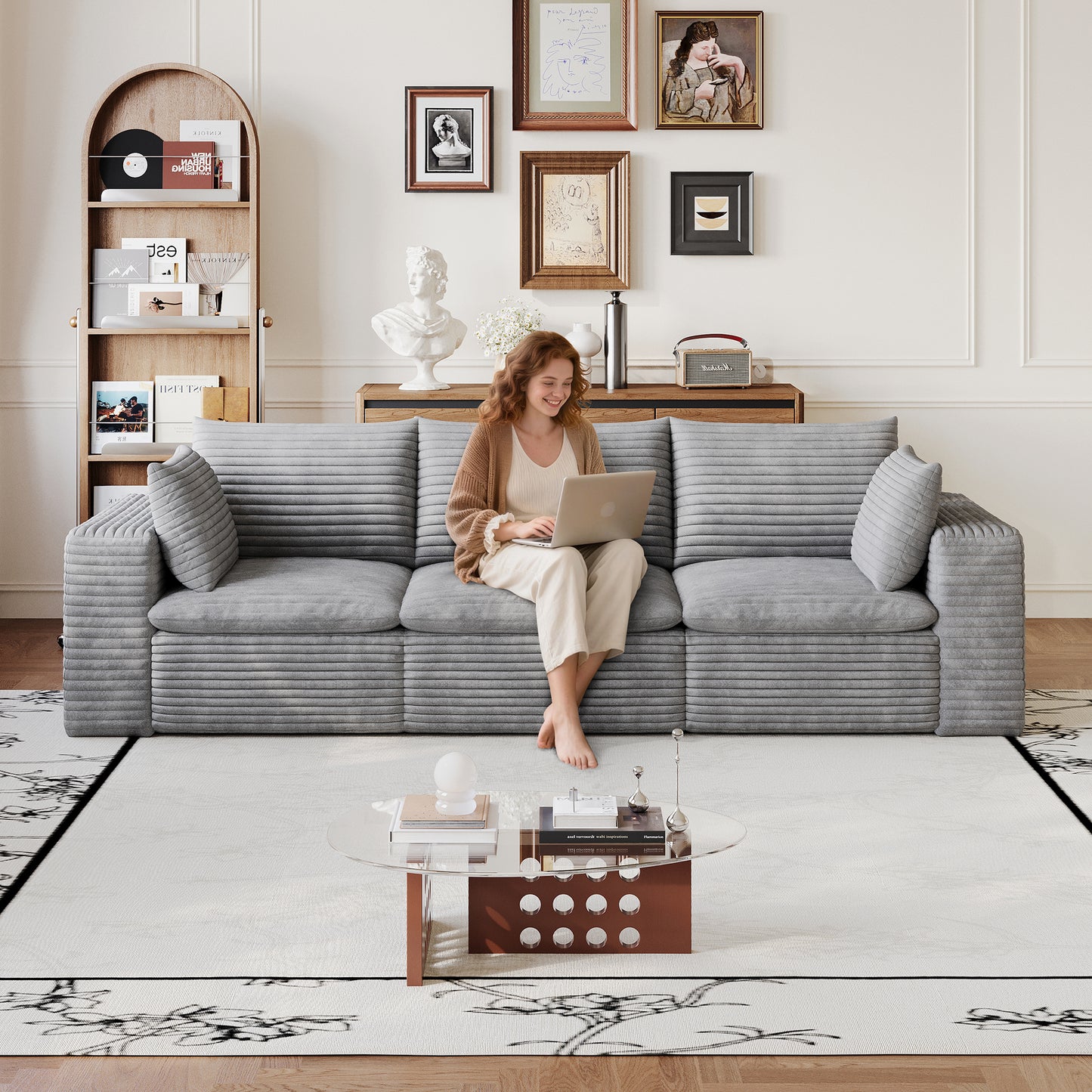 Corduroy Compression Sectional — 2/3/4/5-Seat — Grey / 3-Seat
