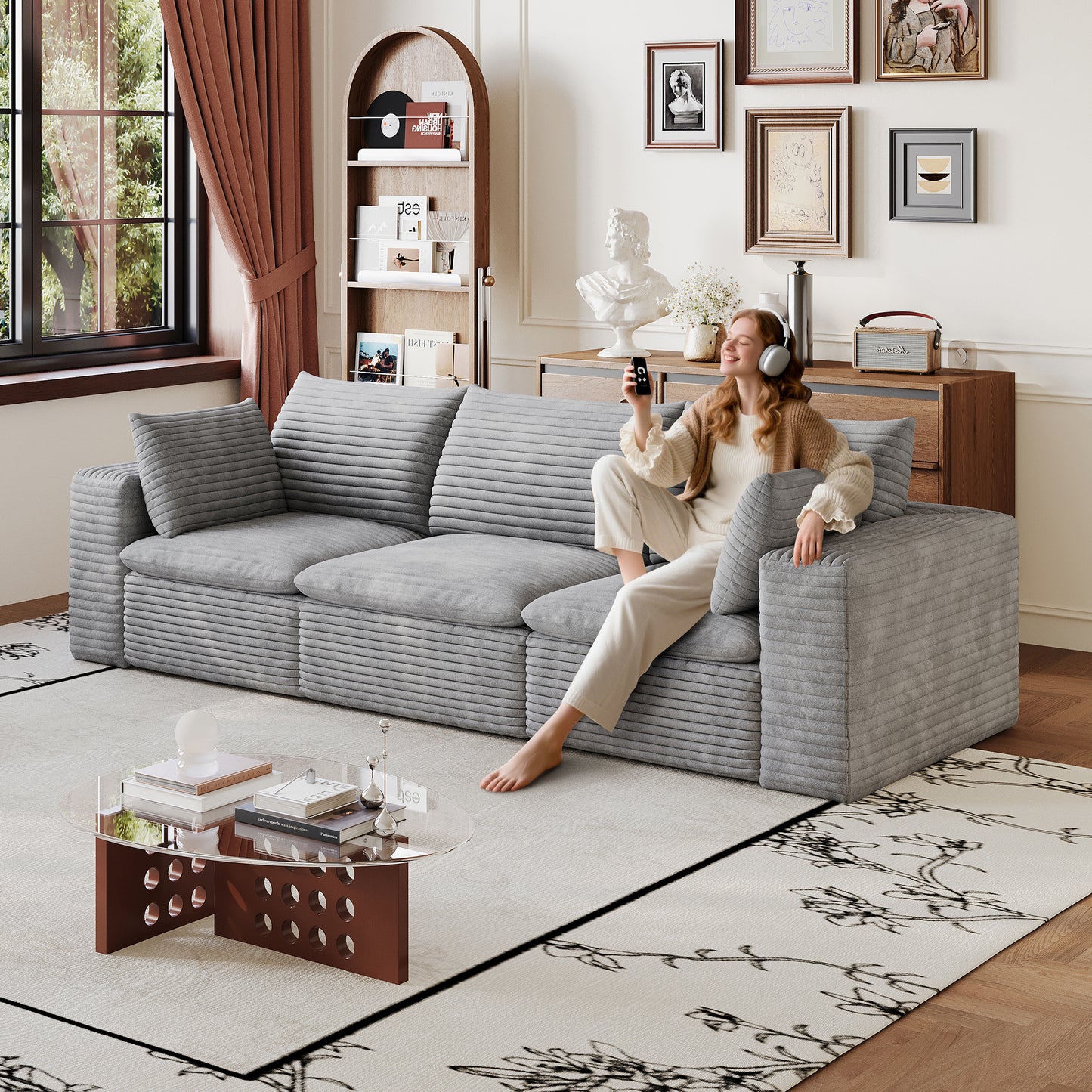 Corduroy Compression Sectional — 2/3/4/5-Seat — Grey / 3-Seat