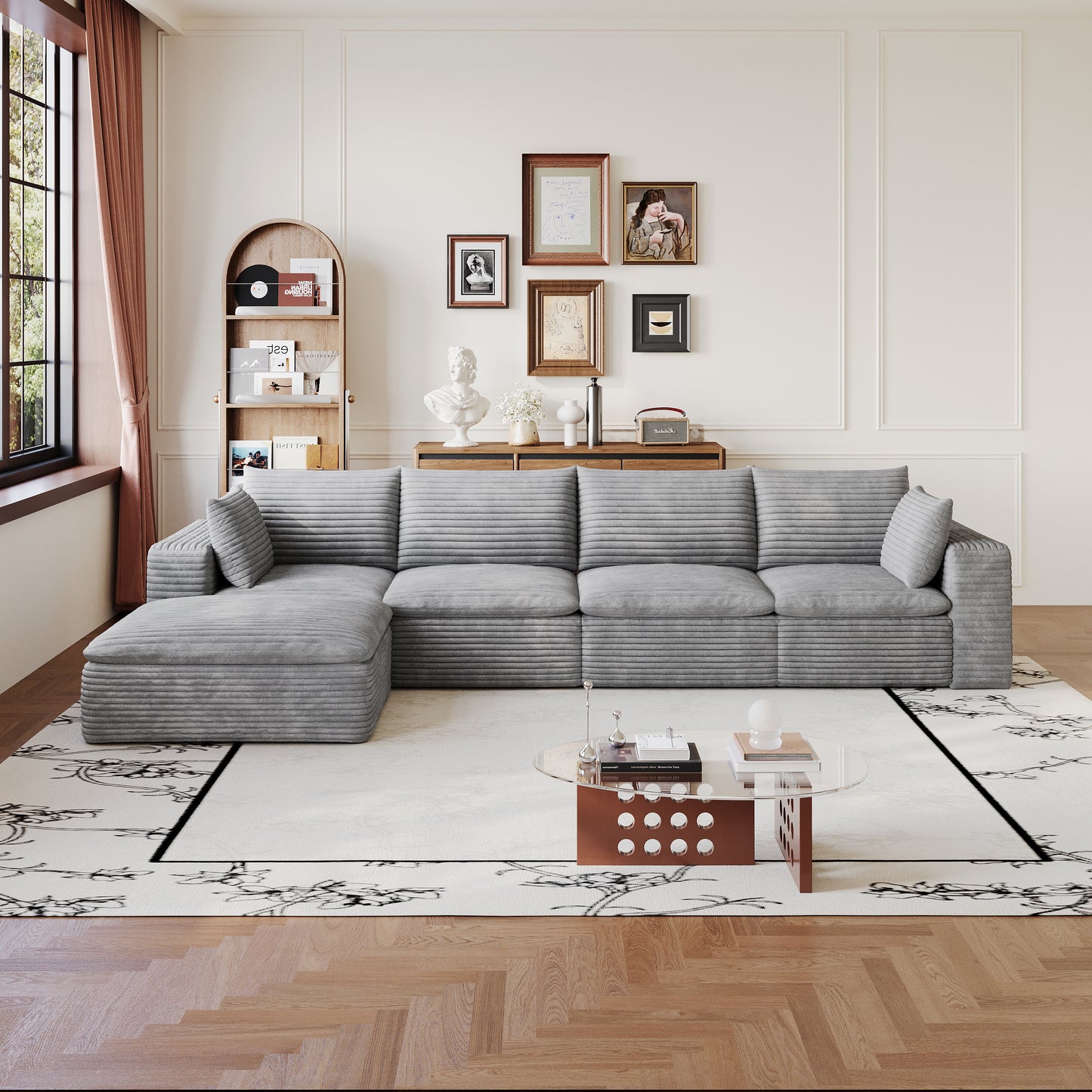 Corduroy Compression Sectional — 2/3/4/5-Seat — Grey / 4-Seat + 1 Ottoman