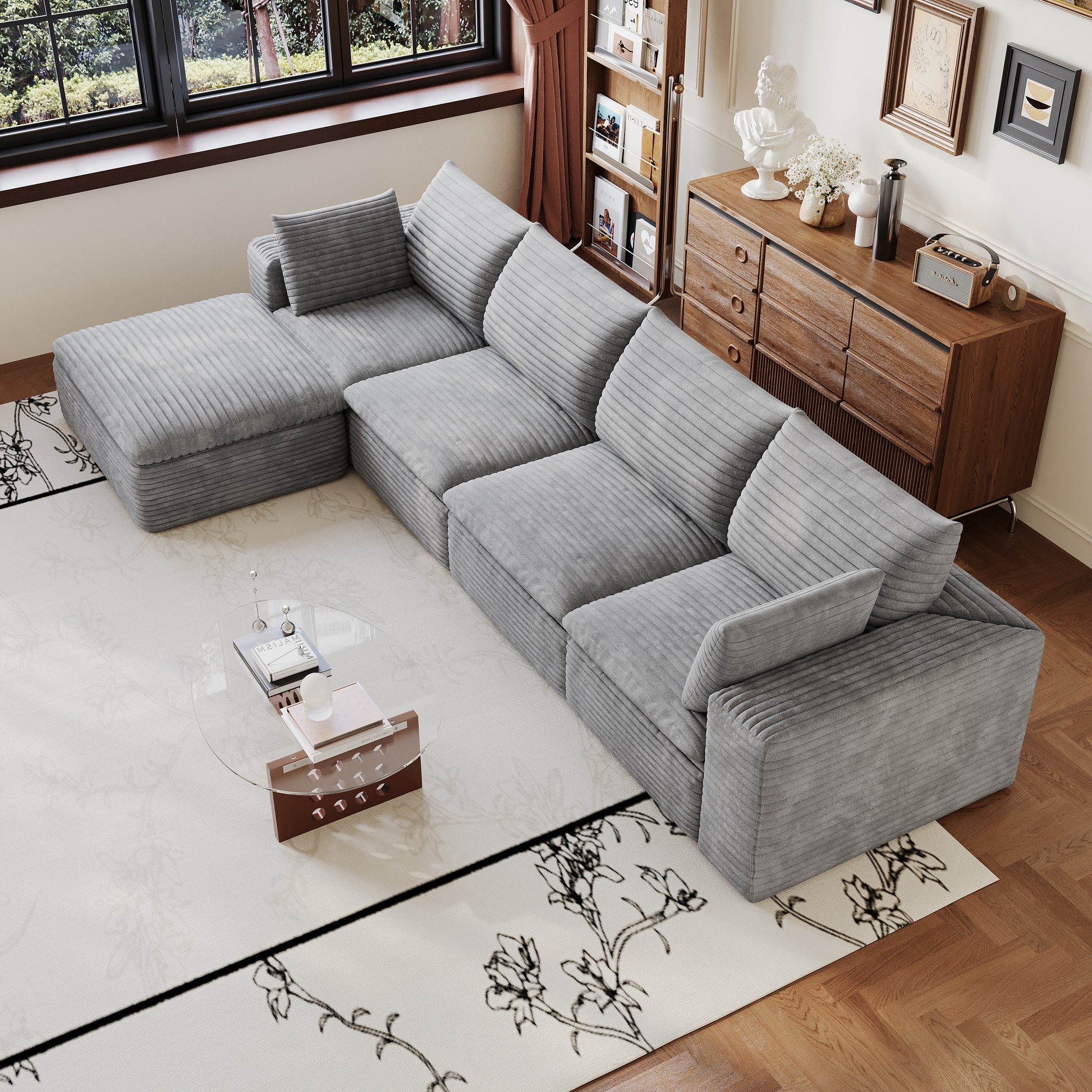 Corduroy Compression Sectional — 2/3/4/5-Seat — Grey / 4-Seat + 1 Ottoman
