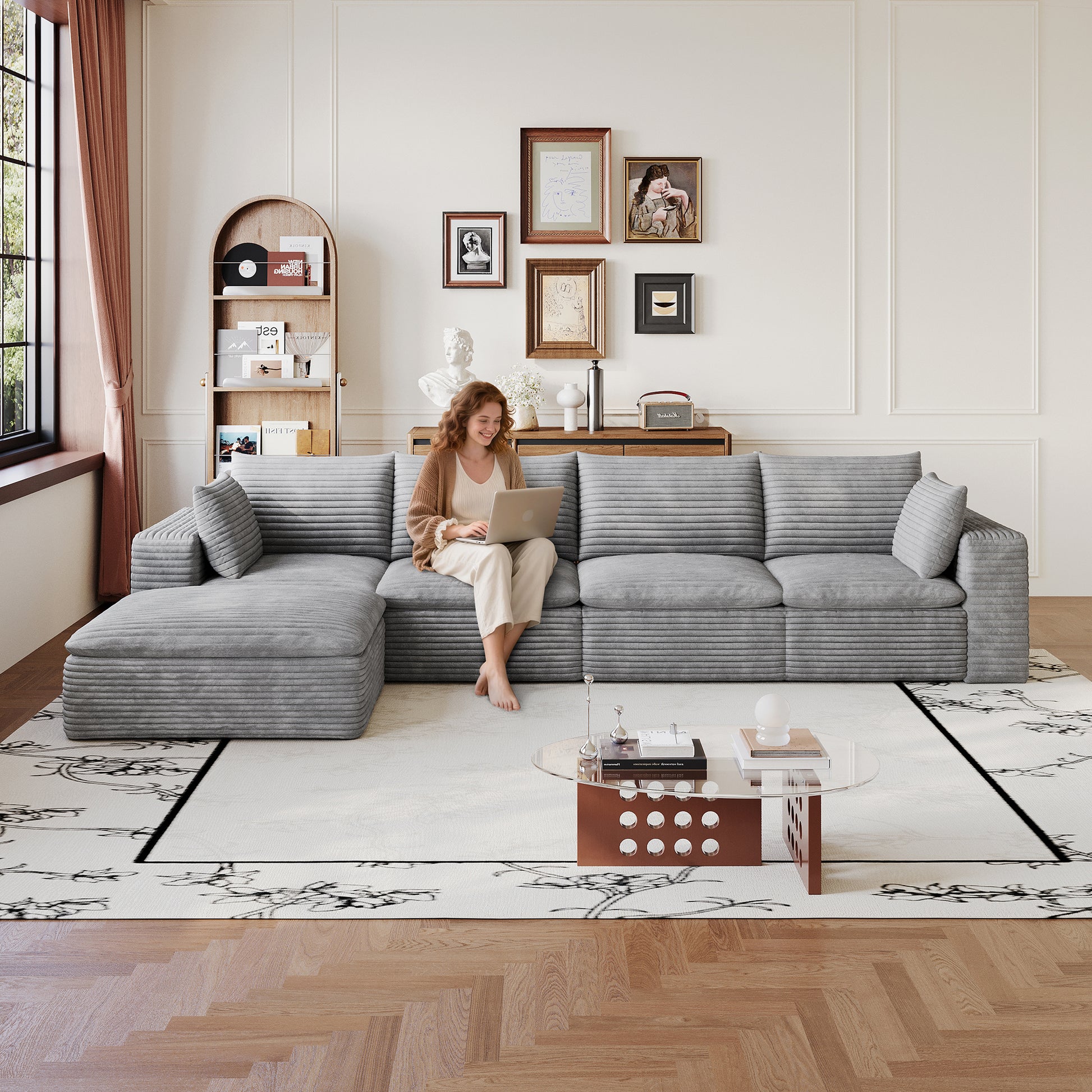 Corduroy Compression Sectional — 2/3/4/5-Seat — Grey / 4-Seat + 1 Ottoman