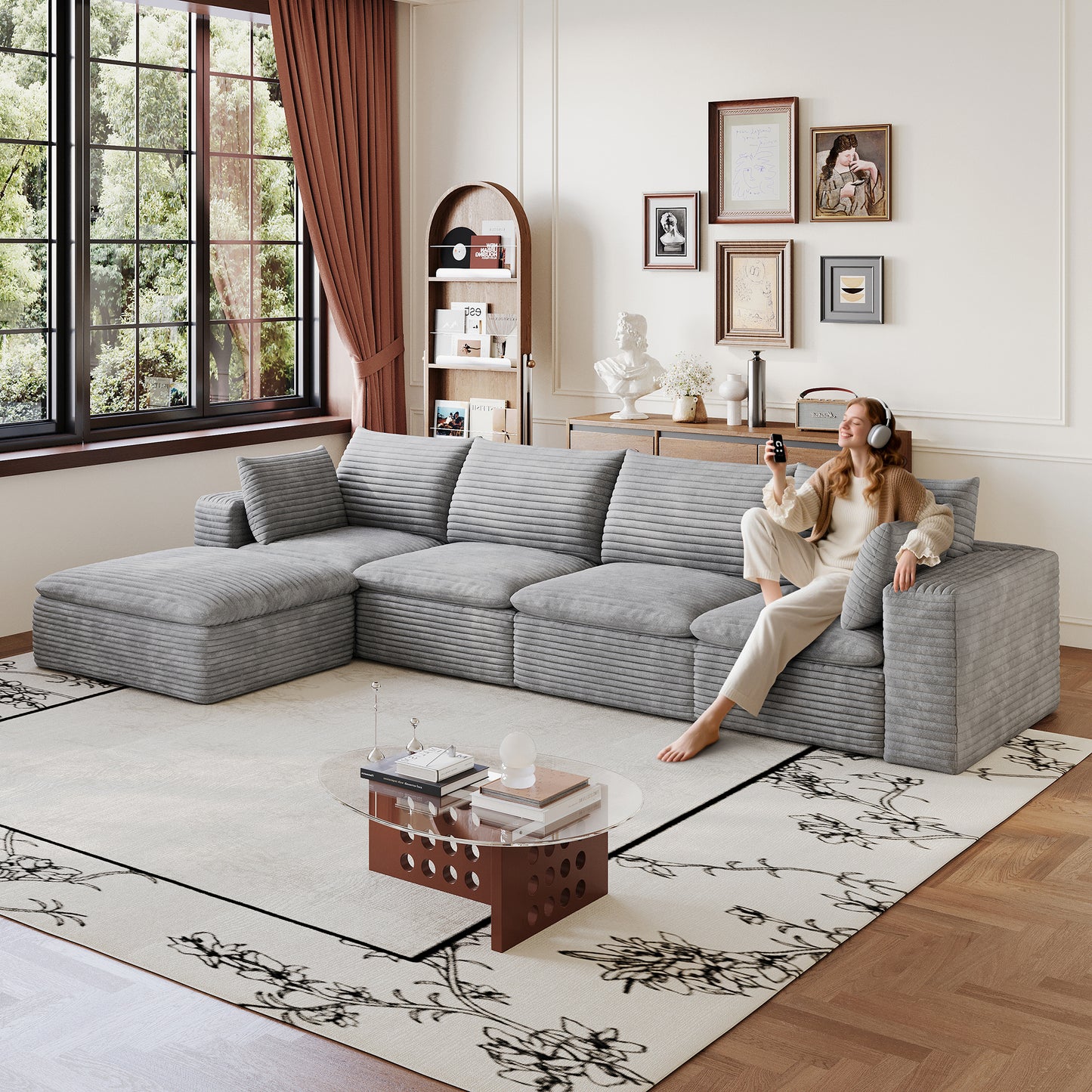 Corduroy Compression Sectional — 2/3/4/5-Seat — Grey / 4-Seat + 1 Ottoman