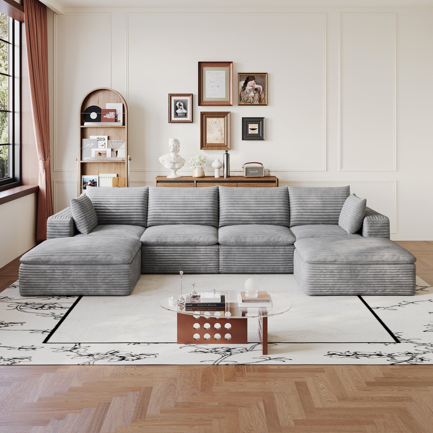 Corduroy Compression Sectional — 2/3/4/5-Seat — Grey / 4-Seat + 2 Ottomans
