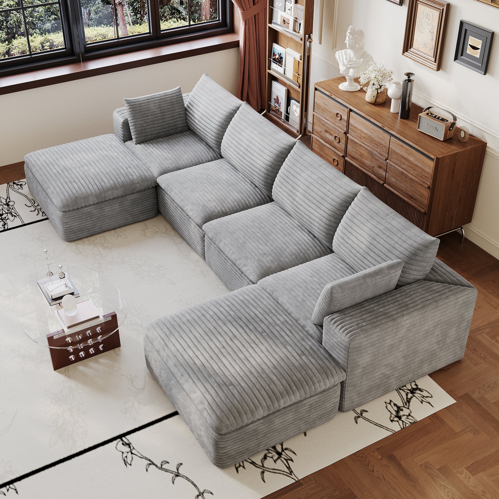 Corduroy Compression Sectional — 2/3/4/5-Seat — Grey / 4-Seat + 2 Ottomans