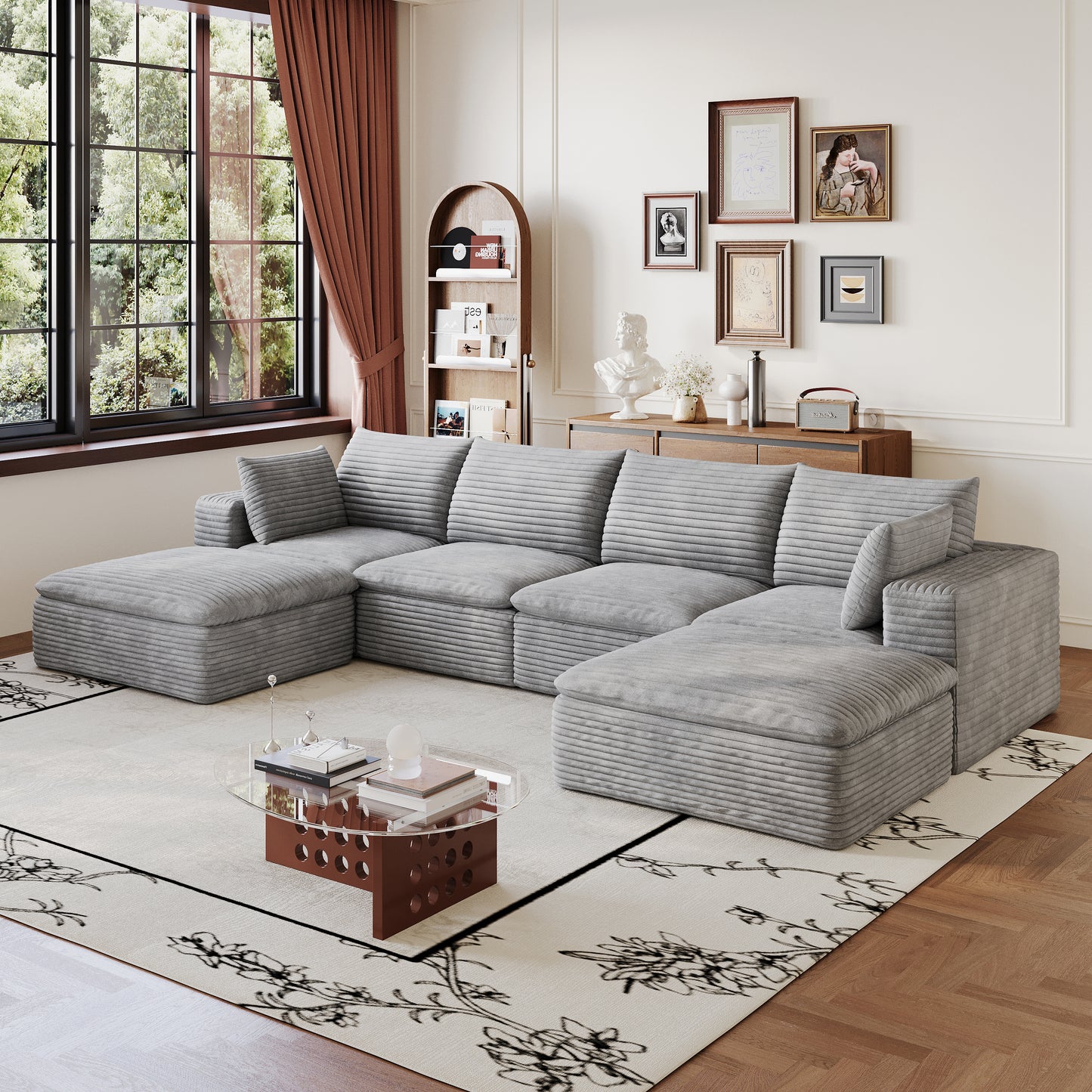 Corduroy Compression Sectional — 2/3/4/5-Seat — Grey / 4-Seat + 2 Ottomans