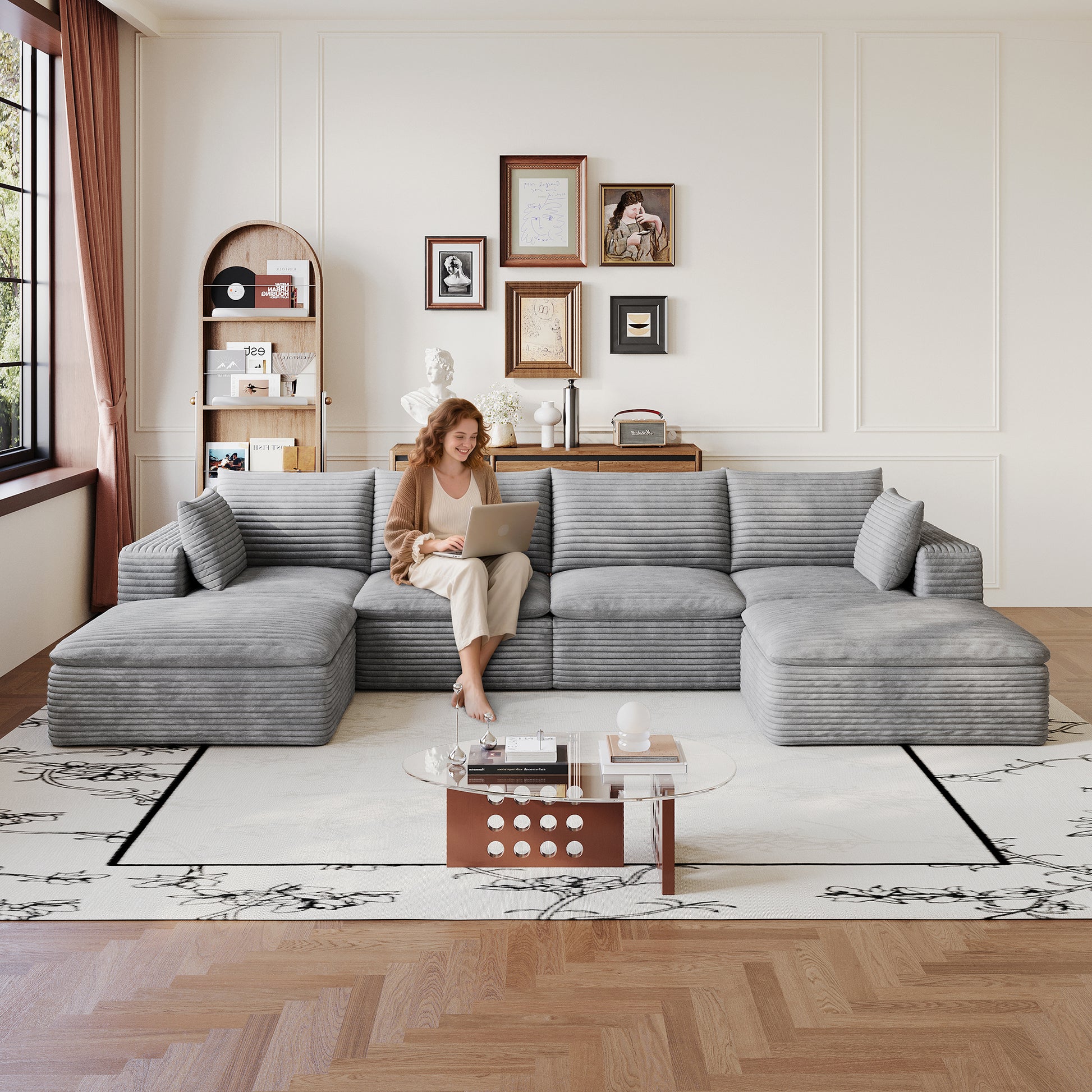 Corduroy Compression Sectional — 2/3/4/5-Seat — Grey / 4-Seat + 2 Ottomans